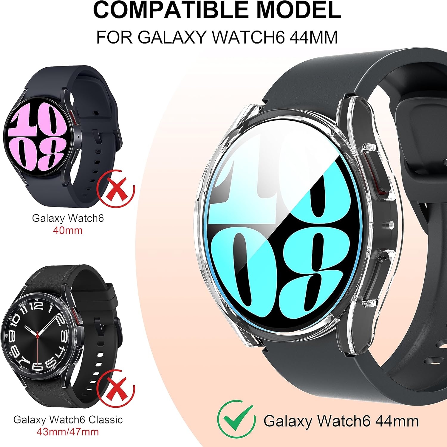 Suoman Paquete de 4 + 4 fundas para Samsung Galaxy Watch 6 de 1.732 pulgadas, protector de pantalla de privacidad + protector de pantalla HD +