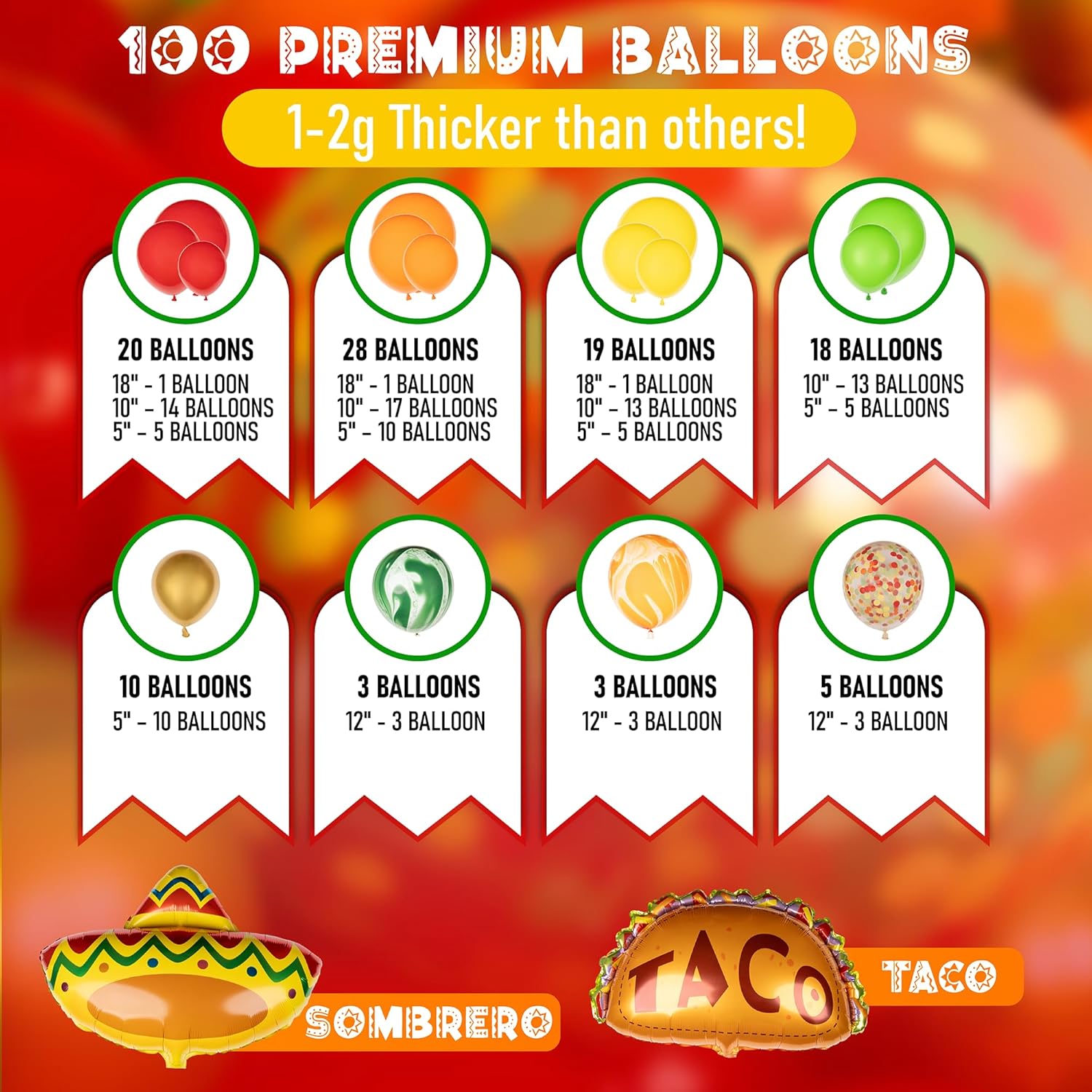 Kit de arco de globos de fiesta mexicana todo en 1 y guirnalda con tacos adicionales, globos de fiesta pequeños y grandes, rojo, amarillo, naranja,