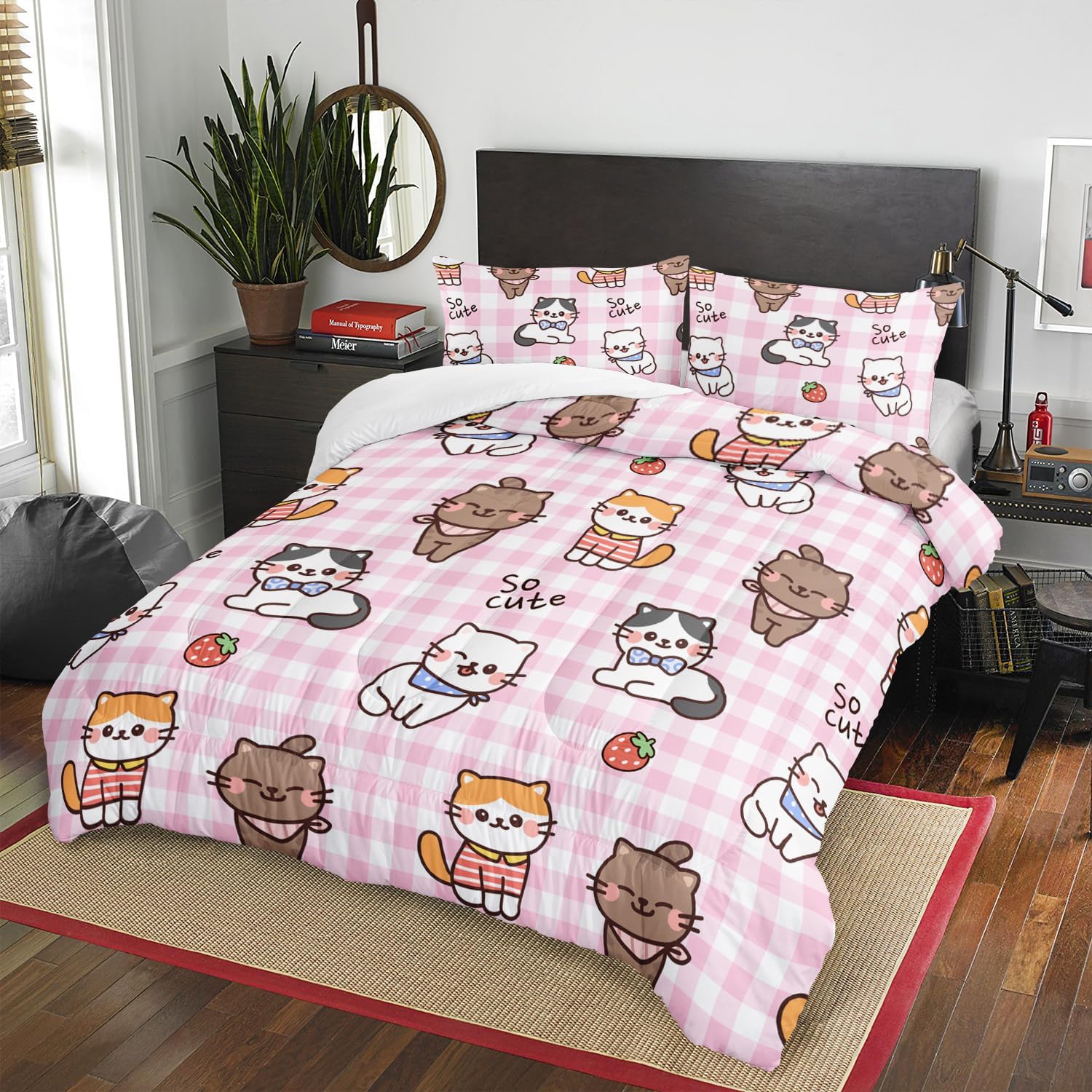 AILONEN Juego de edredón de gato tamaño matrimonial, lindo juego de ropa de cama para niños con diseño de fresas y gatos para decoración de