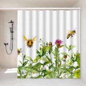 Cortina de ducha retro de abeja, 72 x 72 pulgadas, decoración de baño vintage con 12 ganchos, cortinas impermeables de flores florales, decoración Cortina de ducha retro de abeja, 72 x 72 pulgadas, decoración de baño vintage con 12 ganchos, cortinas impermeables de flores florales, decoración