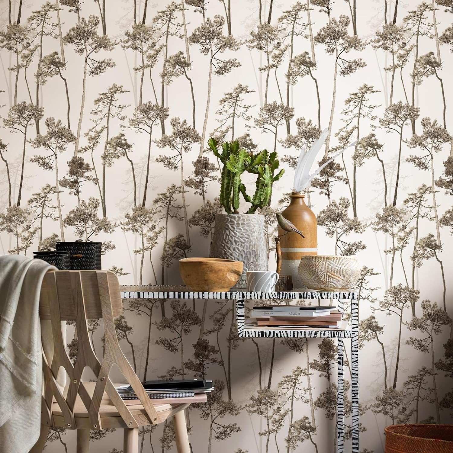 JiffDiff Papel tapiz autoadhesivo con diseño de árbol, bosque, moderno, papel tapiz autoadhesivo con selva, papel de contacto vintage extraíble para