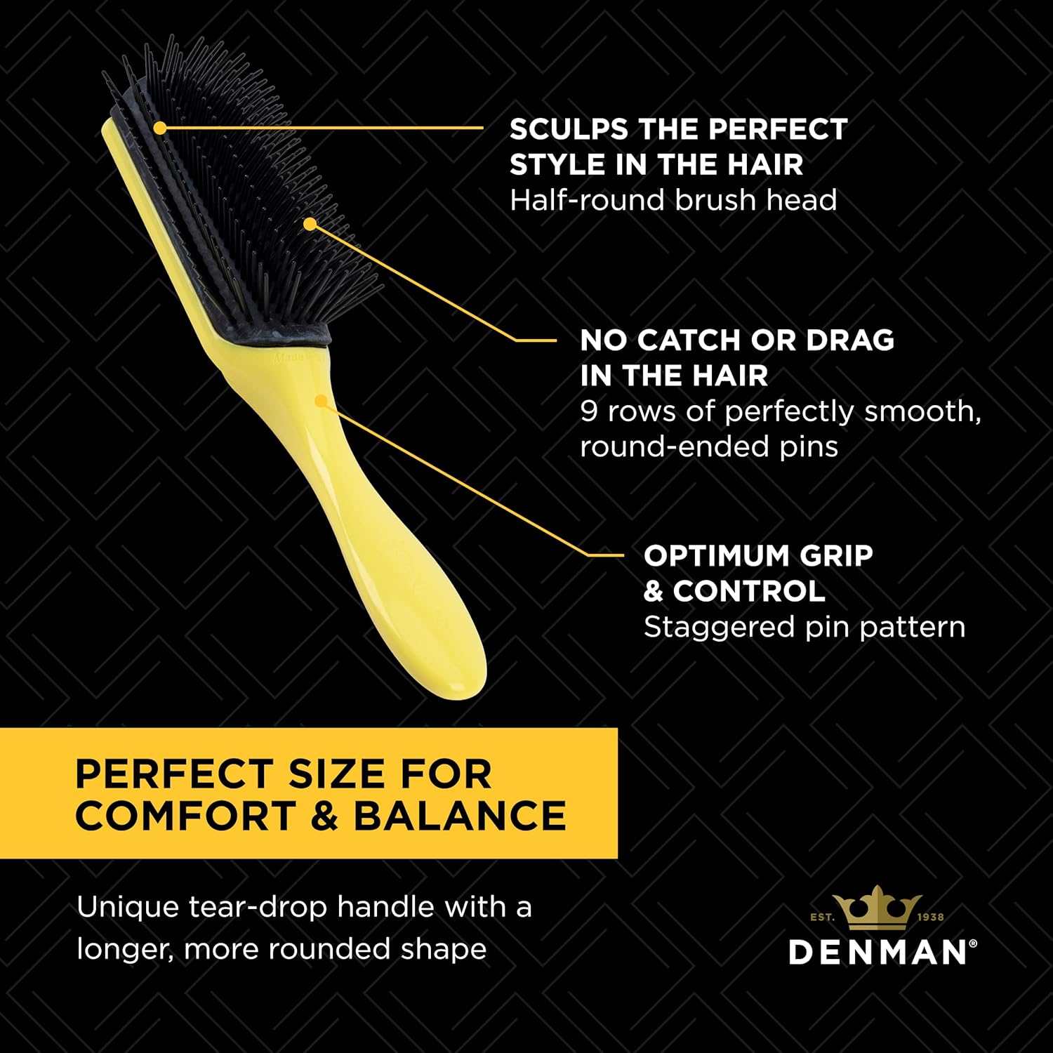 Denman Cepillo de pelo rizado D4 (amarillo) 9 filas para peinar, alisar el cabello más largo y definir rizos, para mujeres y hombres