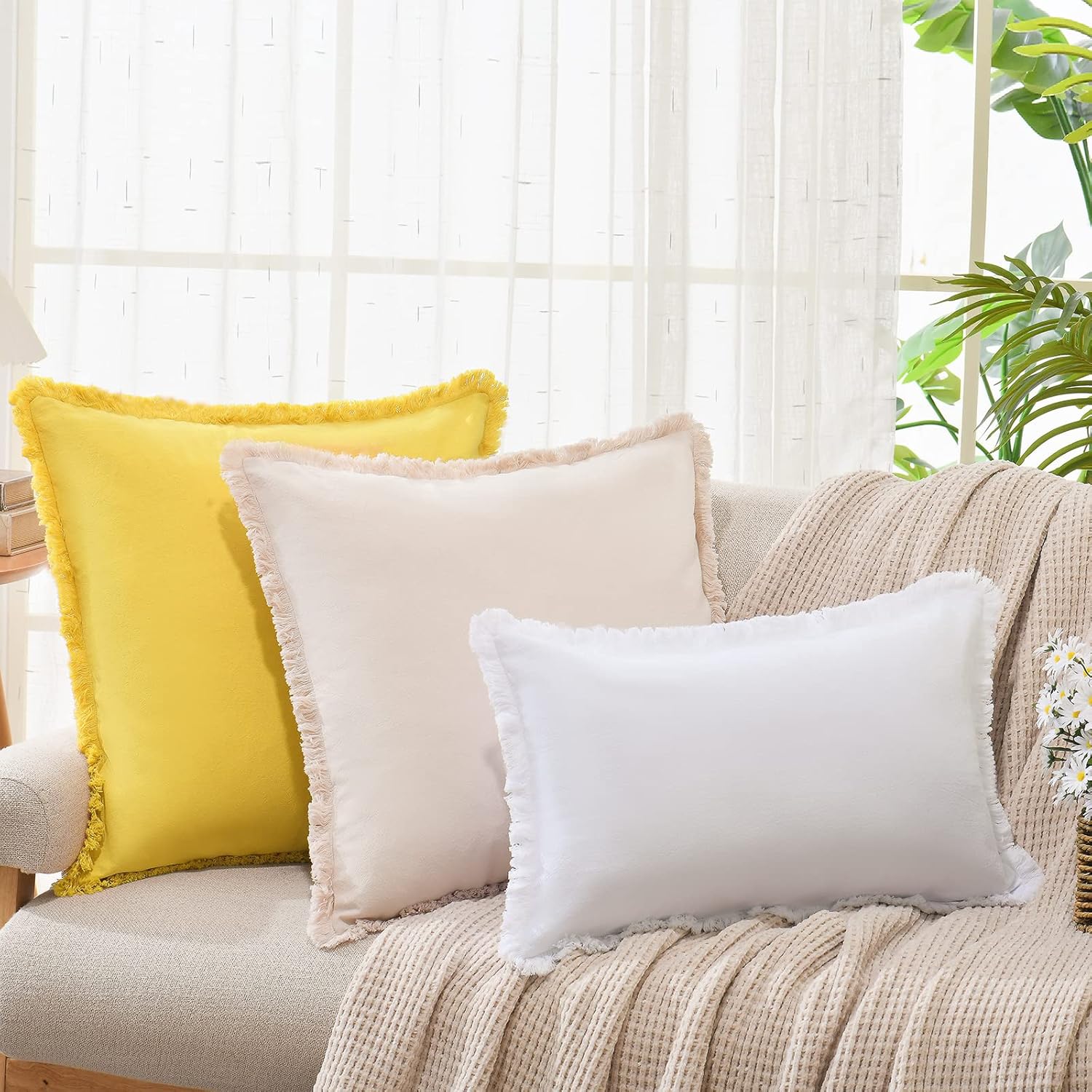 ZWJD Juego de 2 fundas de almohada de 20 x 20 pulgadas, color beige, con flecos, de algodón, decorativas, cuadradas, para sofá, cama, sala de estar,
