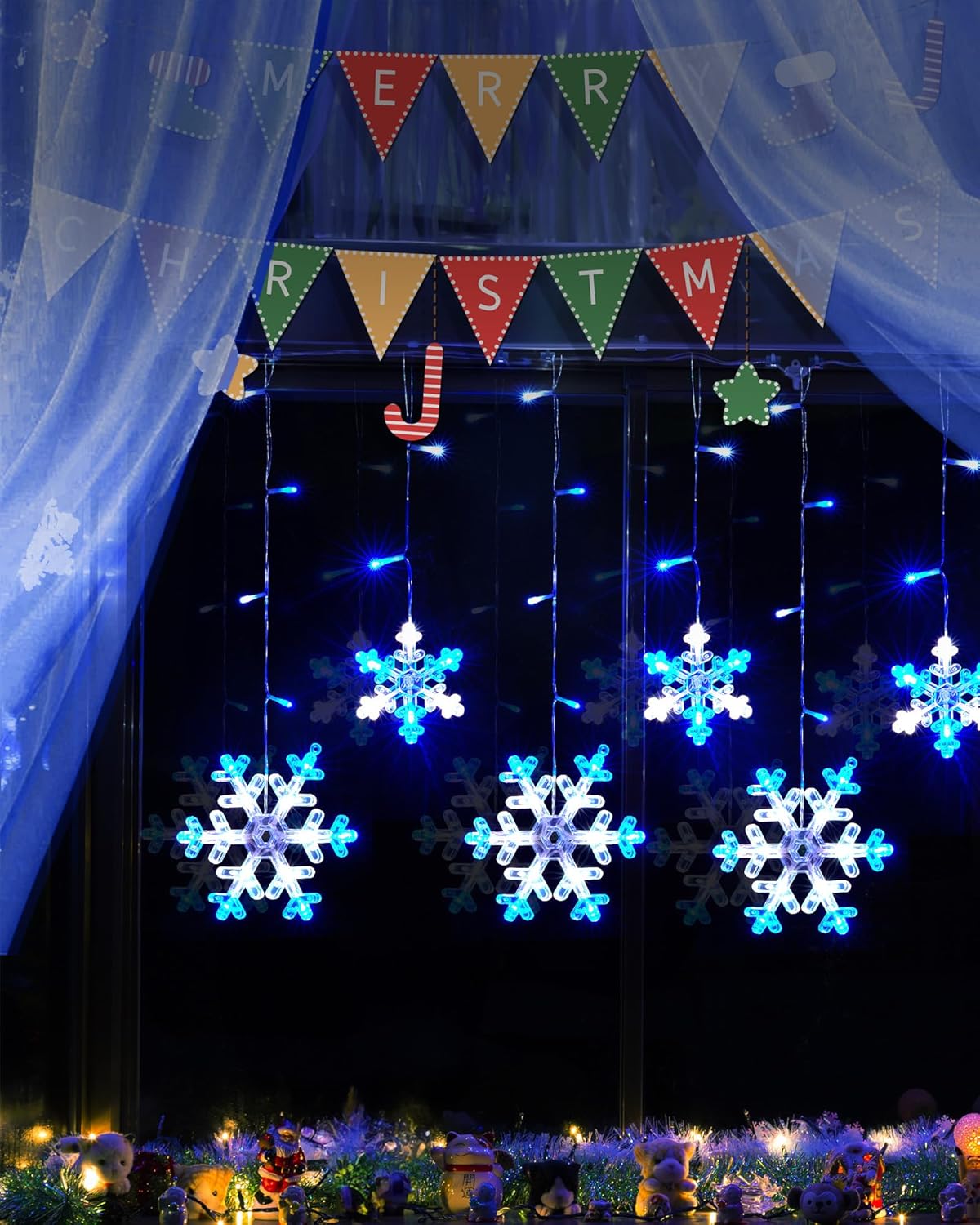 Minetom Luces de carámbano de copo de nieve de Navidad para exteriores, 13 pies, 16 gotas, 192 luces LED de copo de nieve, conectables para