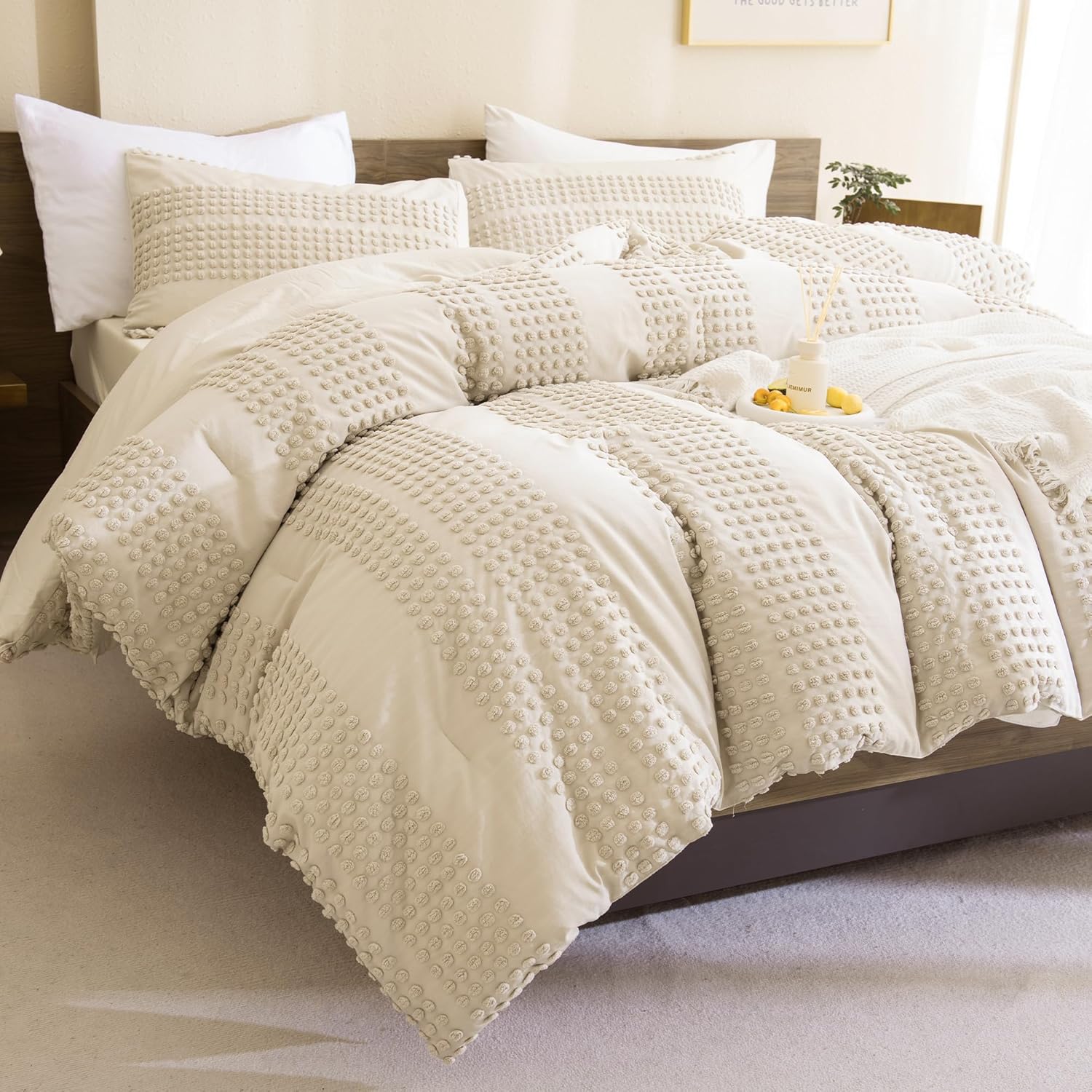 Andency Juego de edredón beige copetudo, tamaño individual (68 x 90 pulgadas), 2 piezas (1 edredón, 1 funda de almohada), edredón texturizado de