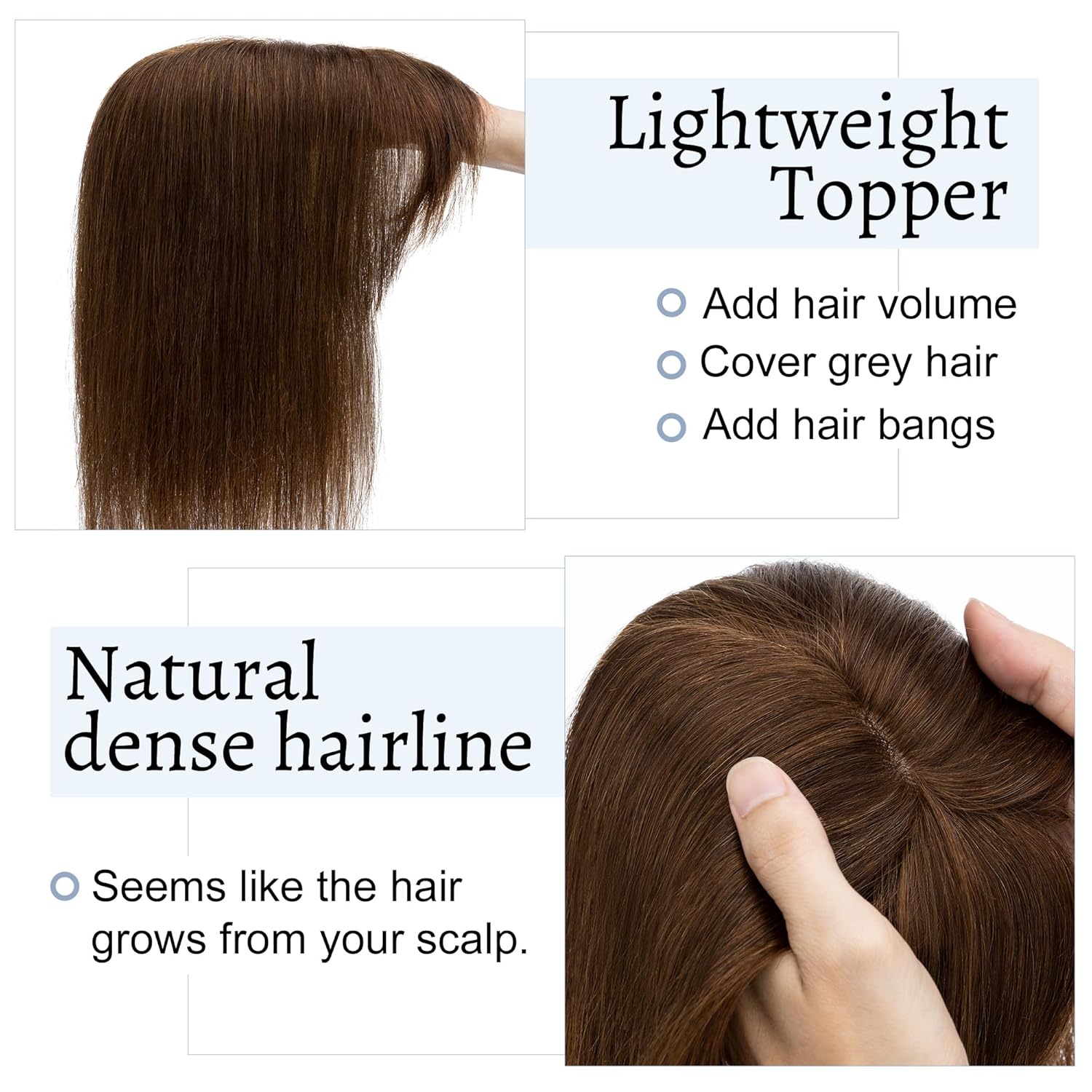 Toppers para el cabello para mujer, cabello humano real con flequillo, 2.8 x 5.1 in, base de seda, clip en la parte superior, pelucas de pelo