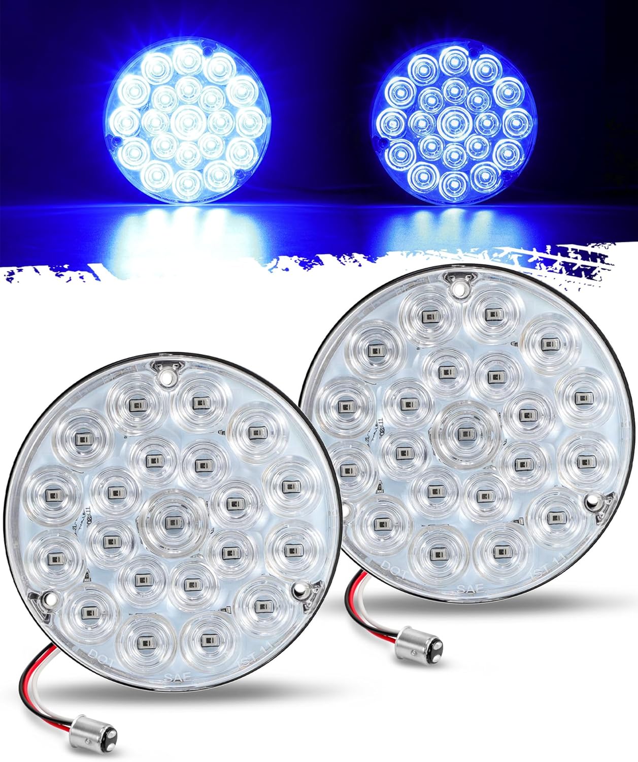 Partsam Luz trasera redonda de 4 pulgadas, 21-2835 LED, luces auxiliares azules, luz de carga de carga con 1157 zócalo TPE, lente transparente de