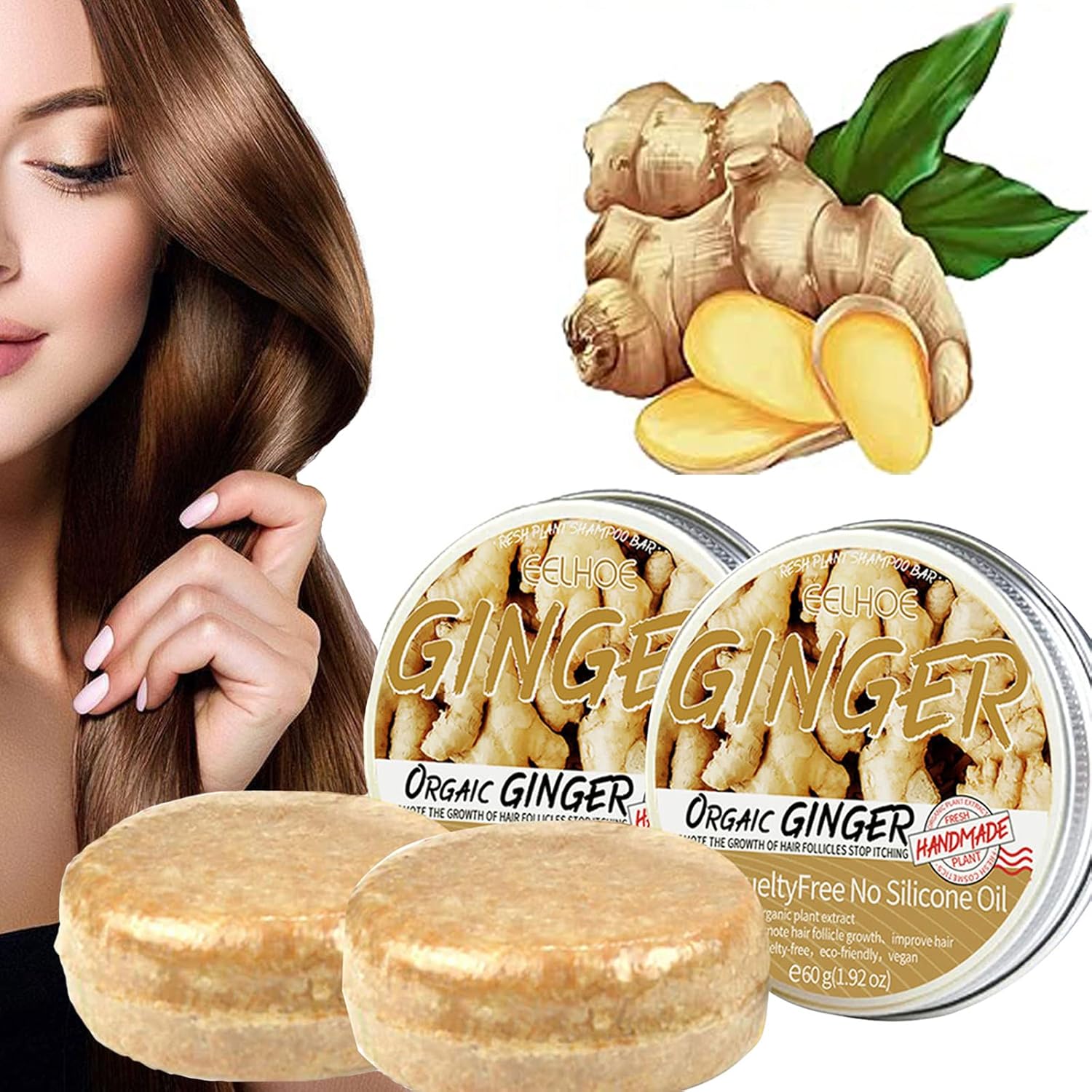 2 barras de champú de crecimiento de cabello de jengibre, jabón orgánico natural de jengibre para el cabello, promueve el crecimiento del cabello,