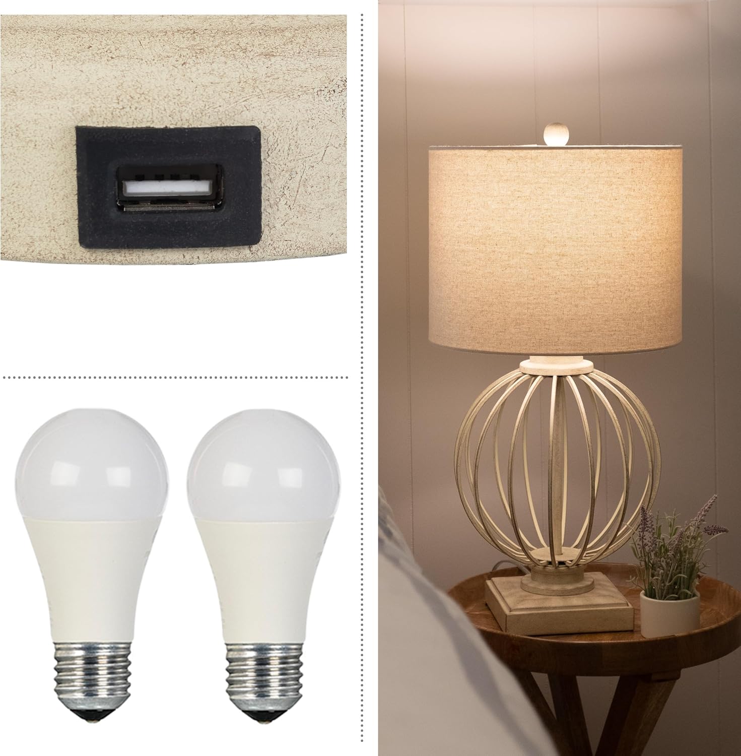 Lavish Home Juego de 2 lámparas de mesa – Lámparas modernas con puertos de carga USB y bombillas LED – para decoración de sala de estar, oficina o
