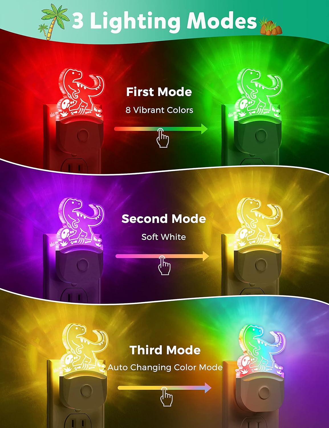 Luz nocturna de dinosaurio para niños 2 unidades, 8 colores cambiantes de luz nocturna para niños, luz nocturna de bebé con sensor de atardecer a