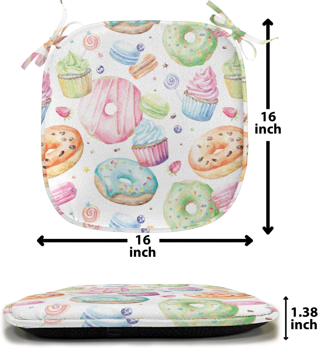 Lunarable Sweets – Juego de 4 cojines de asiento para silla, deliciosos cupcakes de macarrón, donas, muffins, azúcar, sabroso y delicioso diseño de