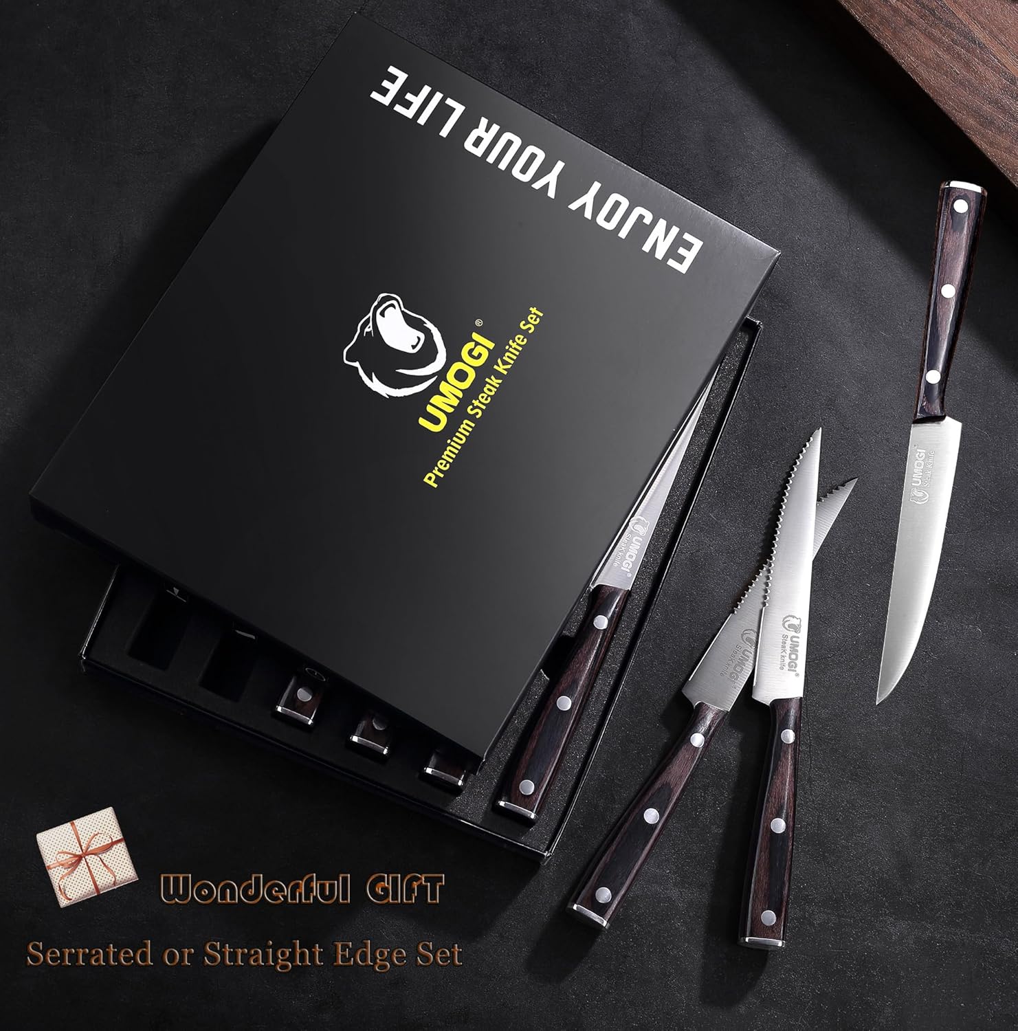 Juego de 6 cuchillos para carne de alta gama, caja de regalo, mango de madera natural negro, acero inoxidable alemán, borde recto, no dentado,