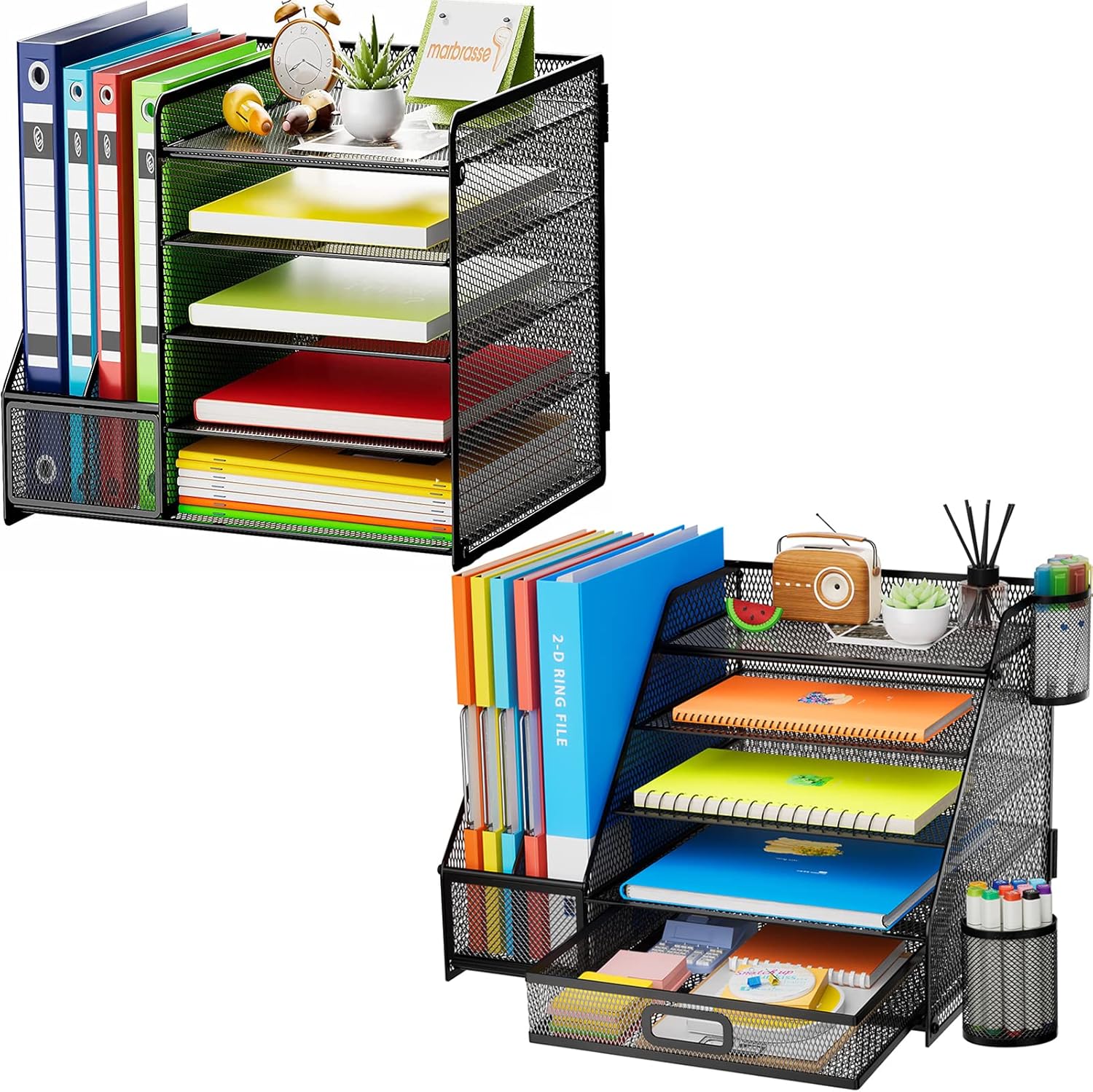 Marbrasse Organizador de escritorio con soporte para archivos + bandeja de papel de 5 niveles con soporte para archivos+cajón y 2 soportes para