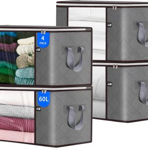 Bolsa de almacenamiento de 60 litros, paquete de 4 contenedores plegables de almacenamiento para mantas, contenedores grandes de almacenamiento de Bolsa de almacenamiento de 60 litros, paquete de 4 contenedores plegables de almacenamiento para mantas, contenedores grandes de almacenamiento de