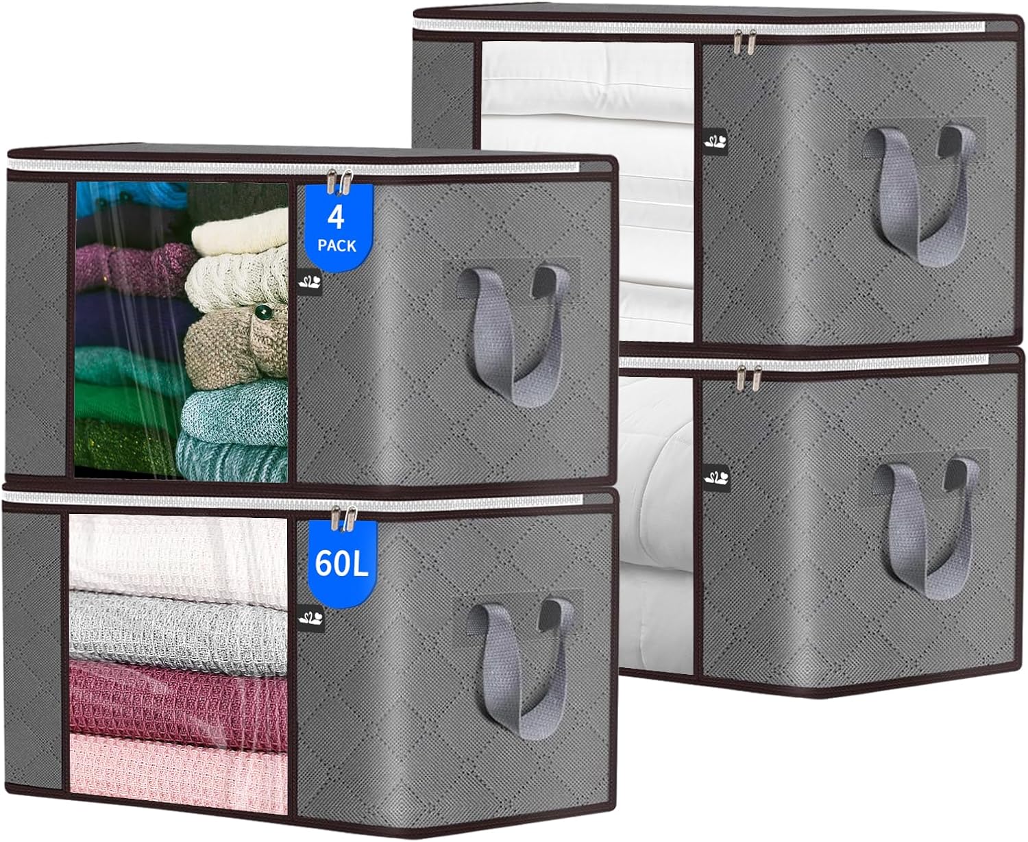 Bolsa de almacenamiento de 60 litros, paquete de 4 contenedores plegables de almacenamiento para mantas, contenedores grandes de almacenamiento de