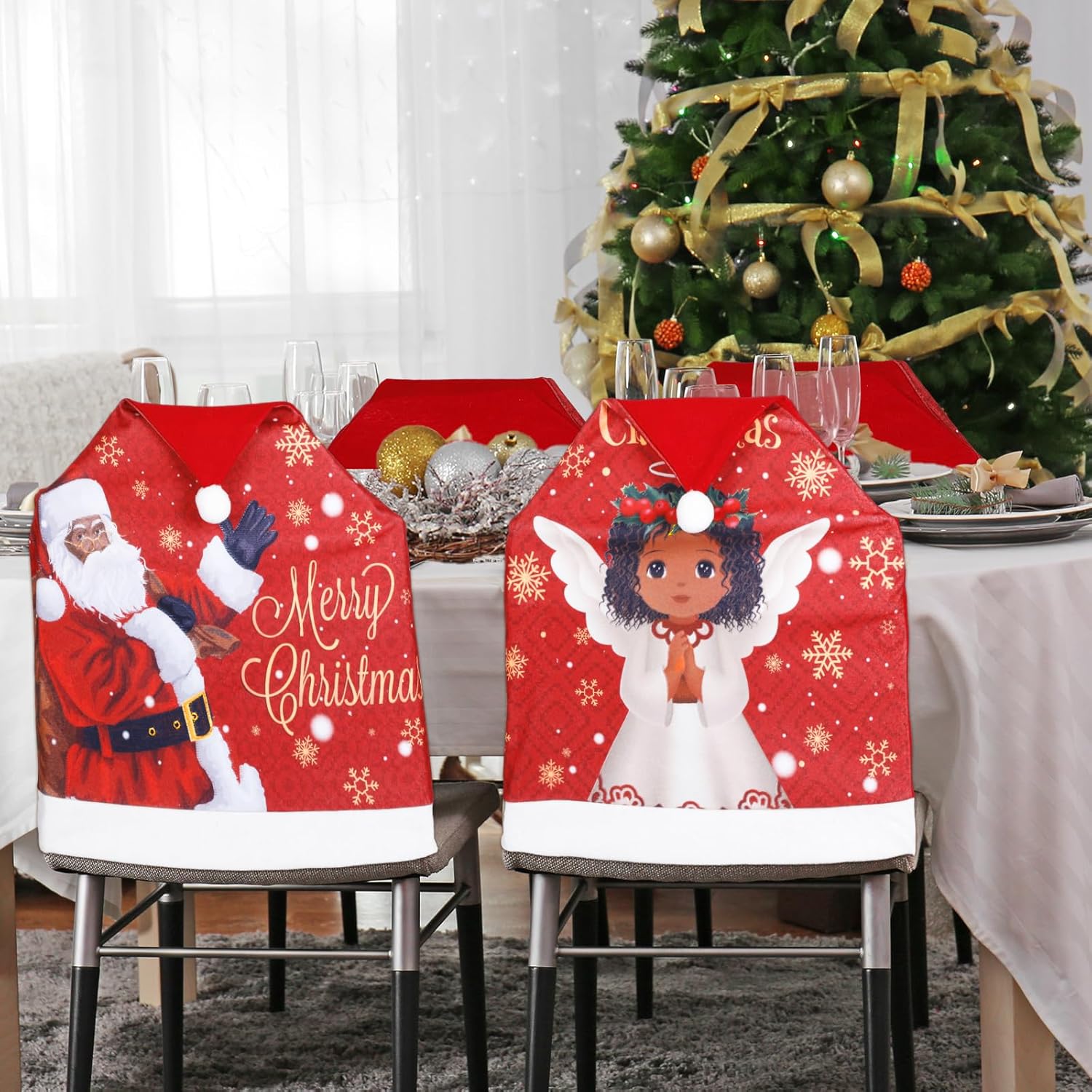 6 fundas para sillas de Navidad, decoración de Papá Noel, sombrero rojo, negro, Papá Noel, estilo ángel africano, funda para silla, cubierta