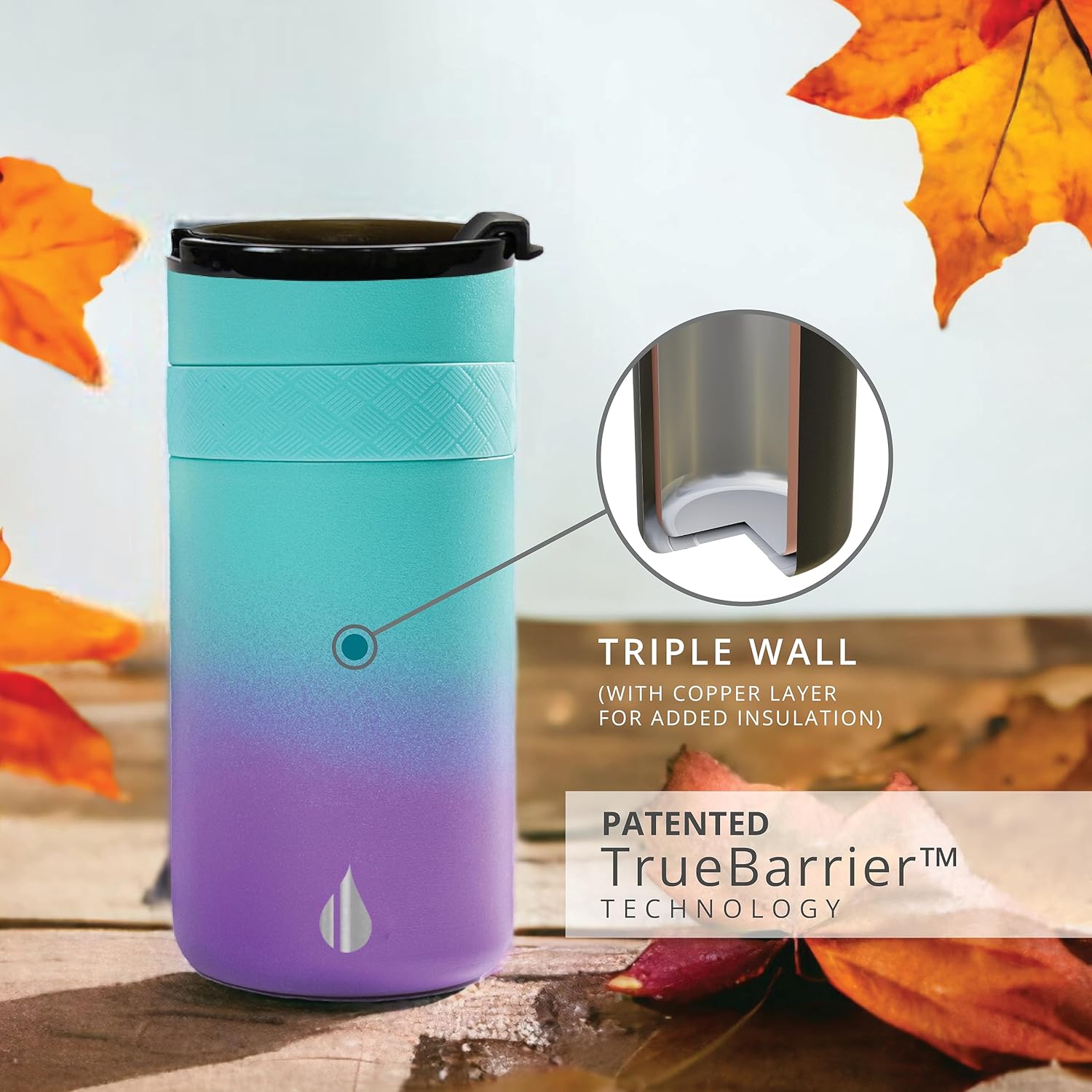 Elemental Duo-Sip – Vaso aislado 2 en 1 con tapa 100% a prueba de fugas y tapa delgada de 12 onzas, vaso de acero inoxidable de triple pared para