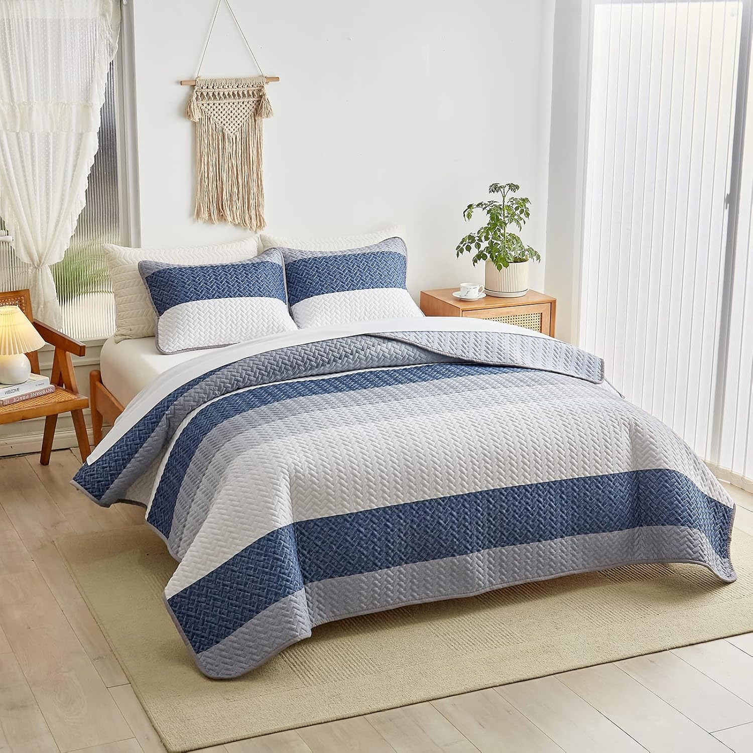 Juego de edredón de algodón a rayas tamaño King con rayas azul marino, blanco, azul, gris, algodón suave, reversible, juego de ropa de cama de 3