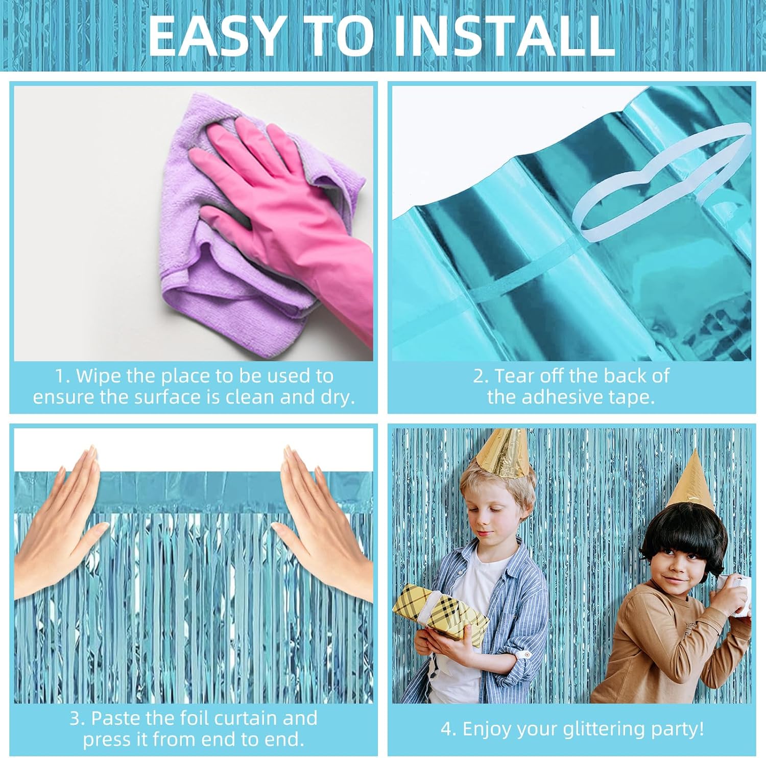 Paquete de 6 cortinas de fondo de flecos de papel de aluminio, 3.28 x 8.2 pies, serpentinas de oropel azul claro, cortinas de flecos metálicos de