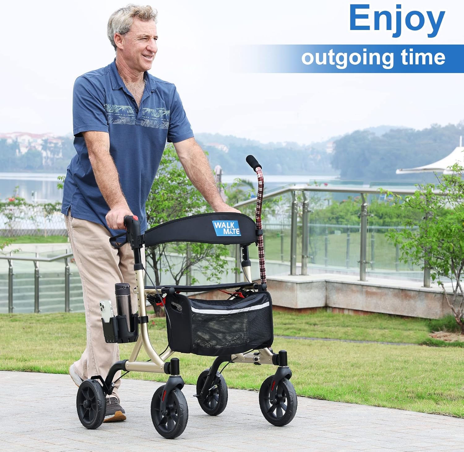 WALK MATE Andador con ruedas para personas mayores con soporte para tazas, botón de presión de pulgar mejorado para ajuste de altura, ruedas de 4 x