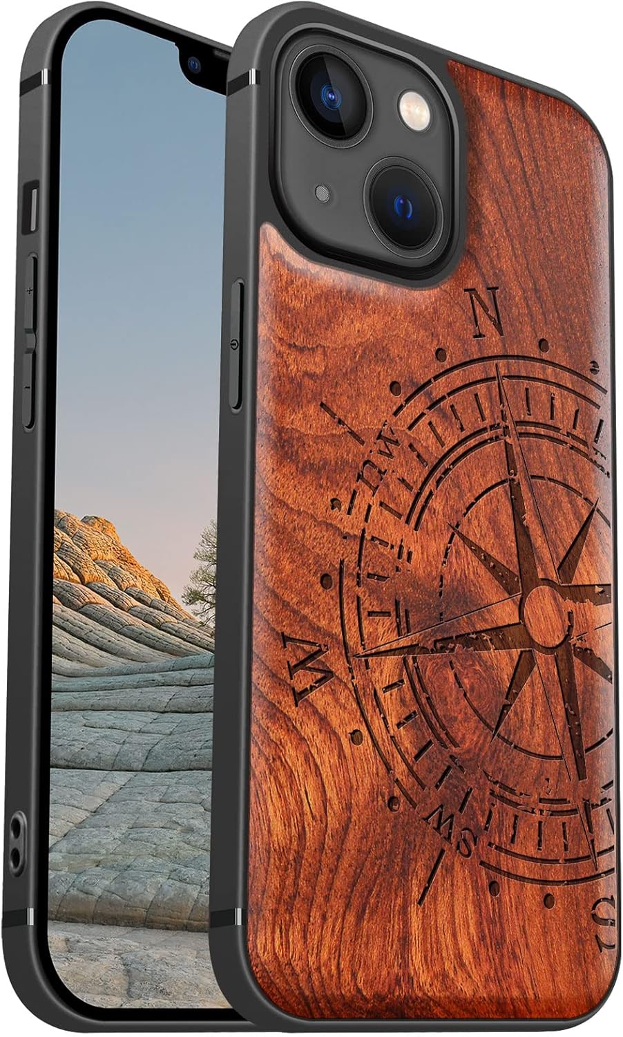 Carveit Funda magnética de madera para iPhone 13 Mini madera real dura y TPU suave a prueba de golpes, funda protectora híbrida única y elegante de