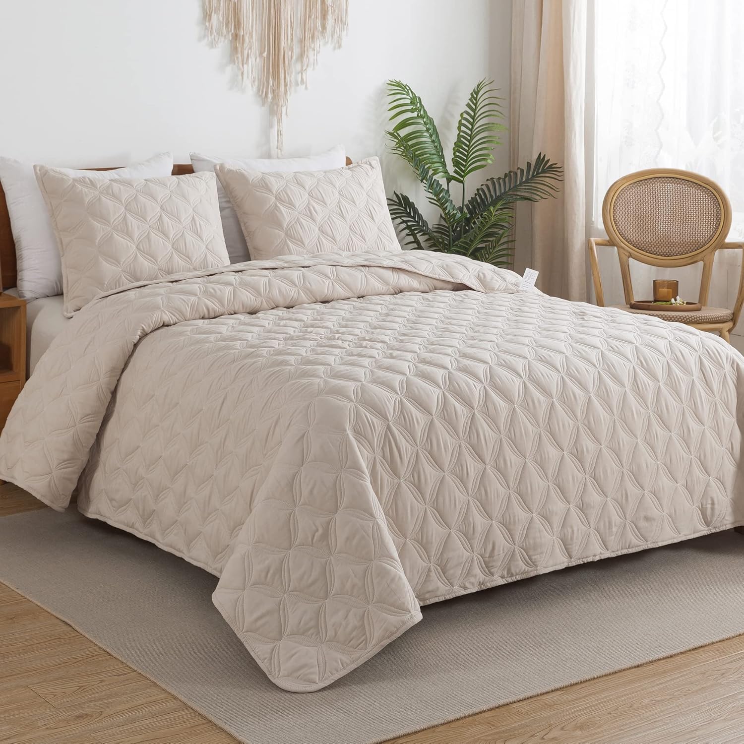 Litanika Juego de edredón beige tamaño California King, colcha ligera de verano de gran tamaño, funda de cama bohemia para decoración de cama, 3
