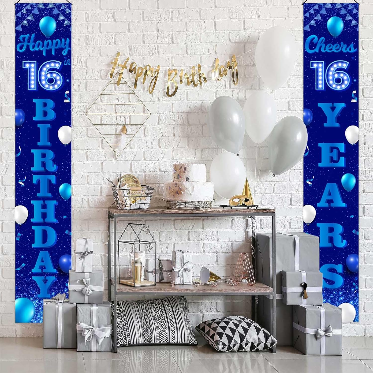 Cartel de feliz cumpleaños número 16, color azul y negro, decoración temática de globos de confeti para niñas de 16 años, decoraciones de fiesta de