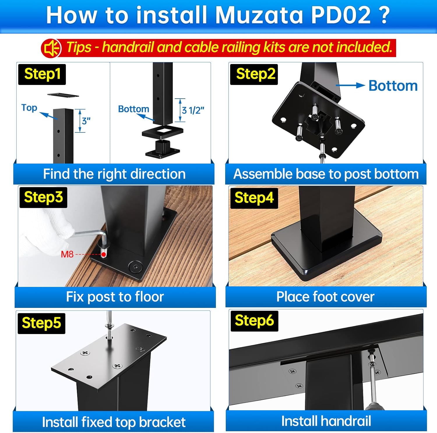 Muzata Poste de aluminio perforado de nivel 36 “X2″x2” Barandilla de cable superior fija Poste Montaje superior ensamblado Cubierta de nivel de