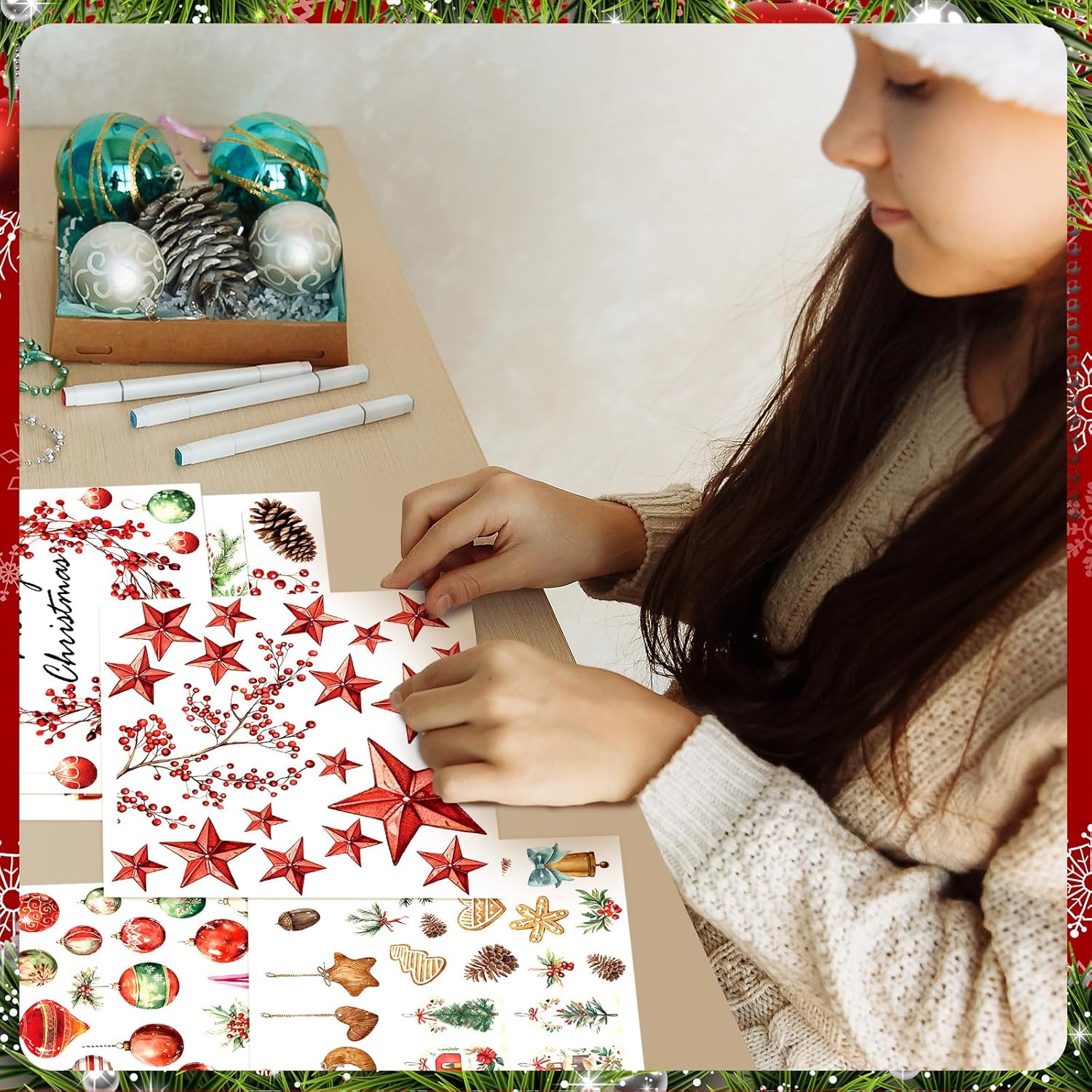 SATINIOR 16 hojas de calcomanías de Navidad para manualidades y muebles, calcomanías de árbol de Navidad, muñeco de nieve, bayas rojas, calcomanías