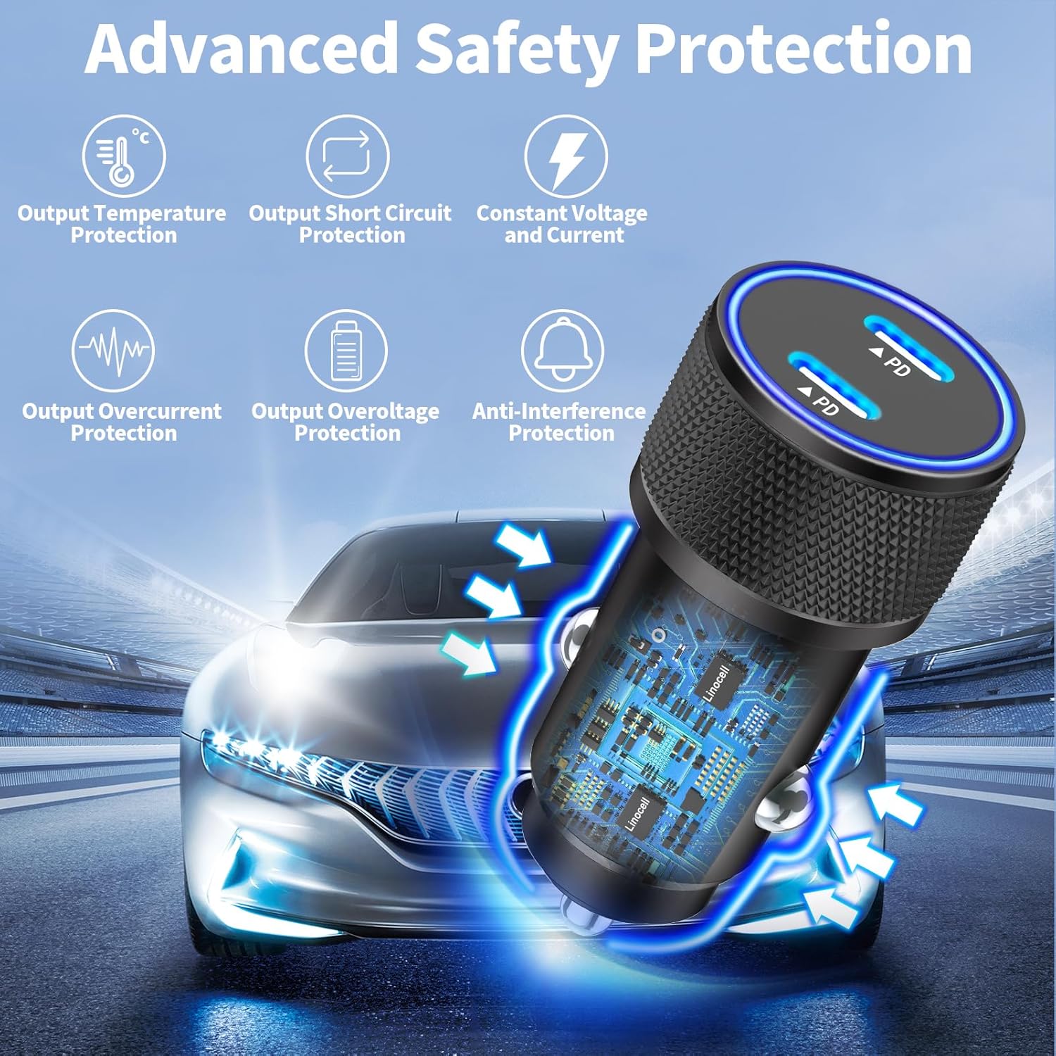 USB-C Car Charger Fast Charging, Linocell 2Pack 72W Dual PD Power Cigarette Lighter Zinc Alloy Type-C Car Charging Adapter for iPhone 1515
