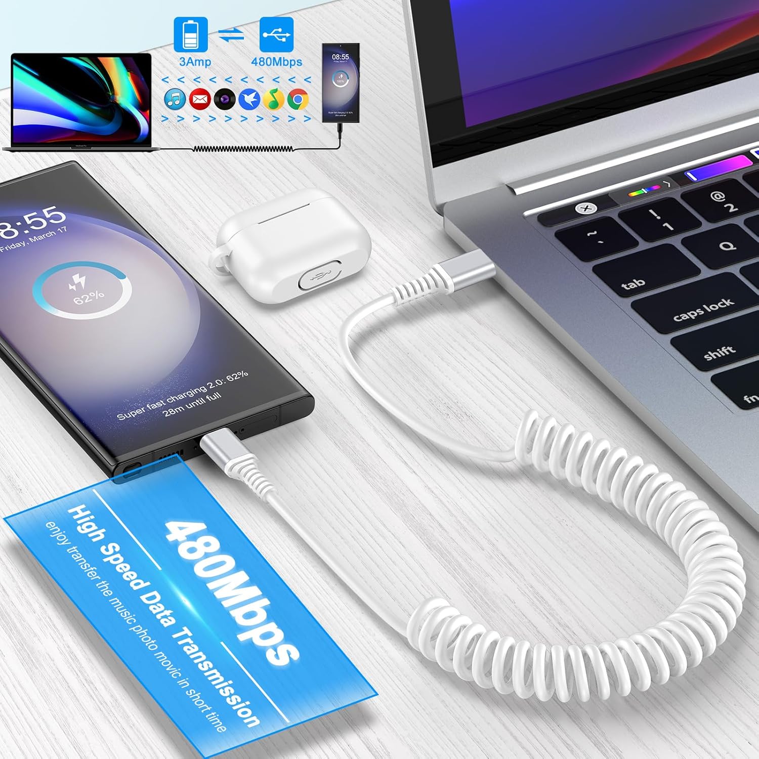 Samsung – Cargador de coche de carga rápida tipo C, cable de alimentación USB C para teléfono celular, paquete de 2 unidades de 3 pies y 6 pies para