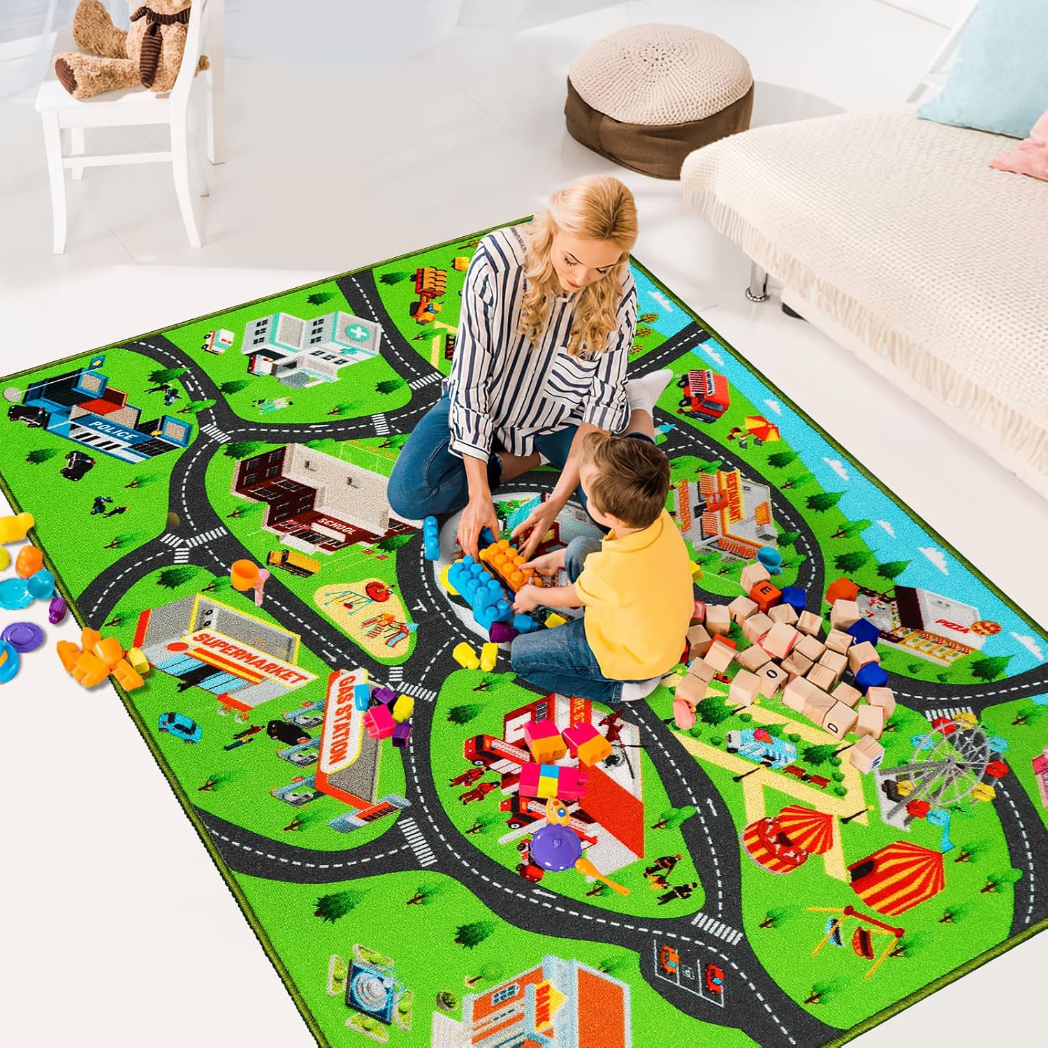 Alfombra de juego para niños, alfombra antideslizante para niños, sala de juegos, dormitorio, alfombra de coche para niños para jugar con autos y