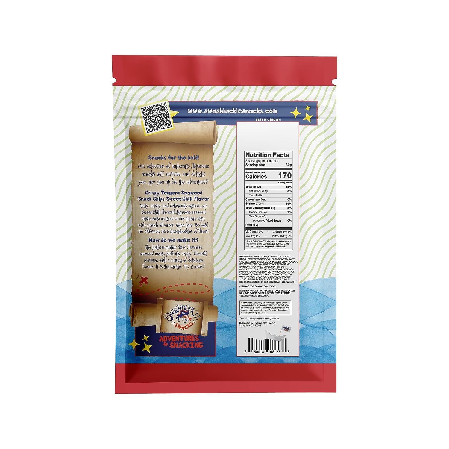 Swashbuckle Snacks Patatas fritas crujientes de algas marinas Tempura sabor dulce de chile 5.29 oz (150 g), fabricado en Japón, Otsumami