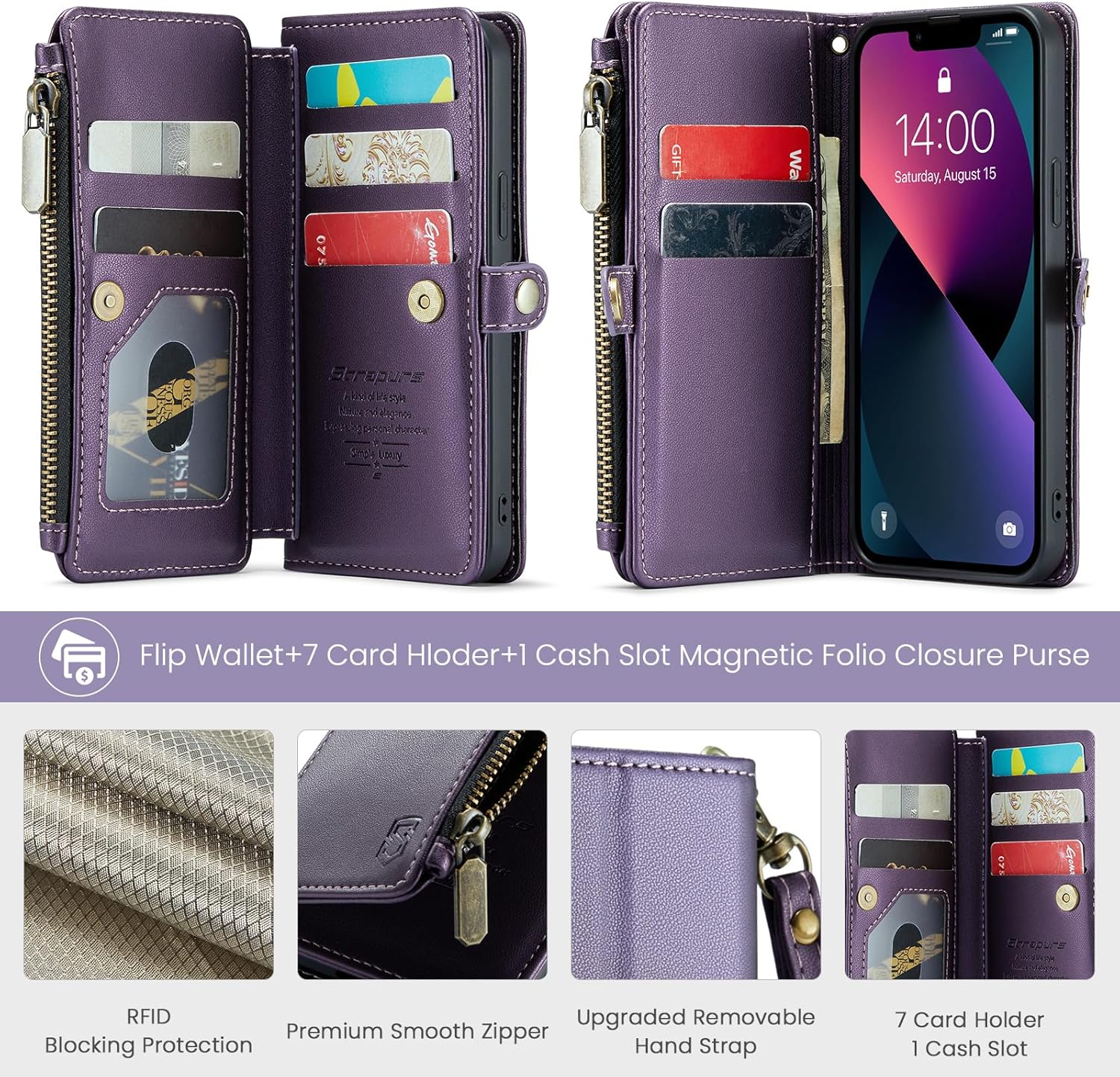 Funda tipo cartera compatible con iPhone 13 con tarjetero, bloqueo RFID, cremallera, para iPhone 13, cartera y muñequera, de piel sintética,