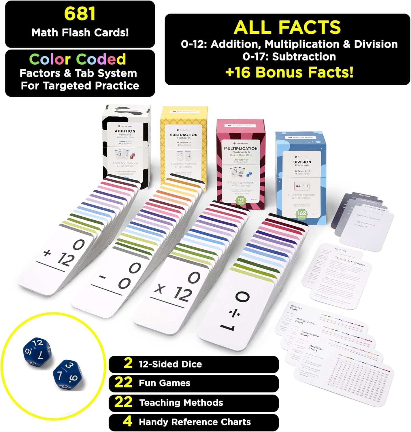Think Tank Scholar 681 tarjetas flash de matemáticas y dados de matemáticas (galardonados) Suma, resta, multiplicación y división  Todos los hechos