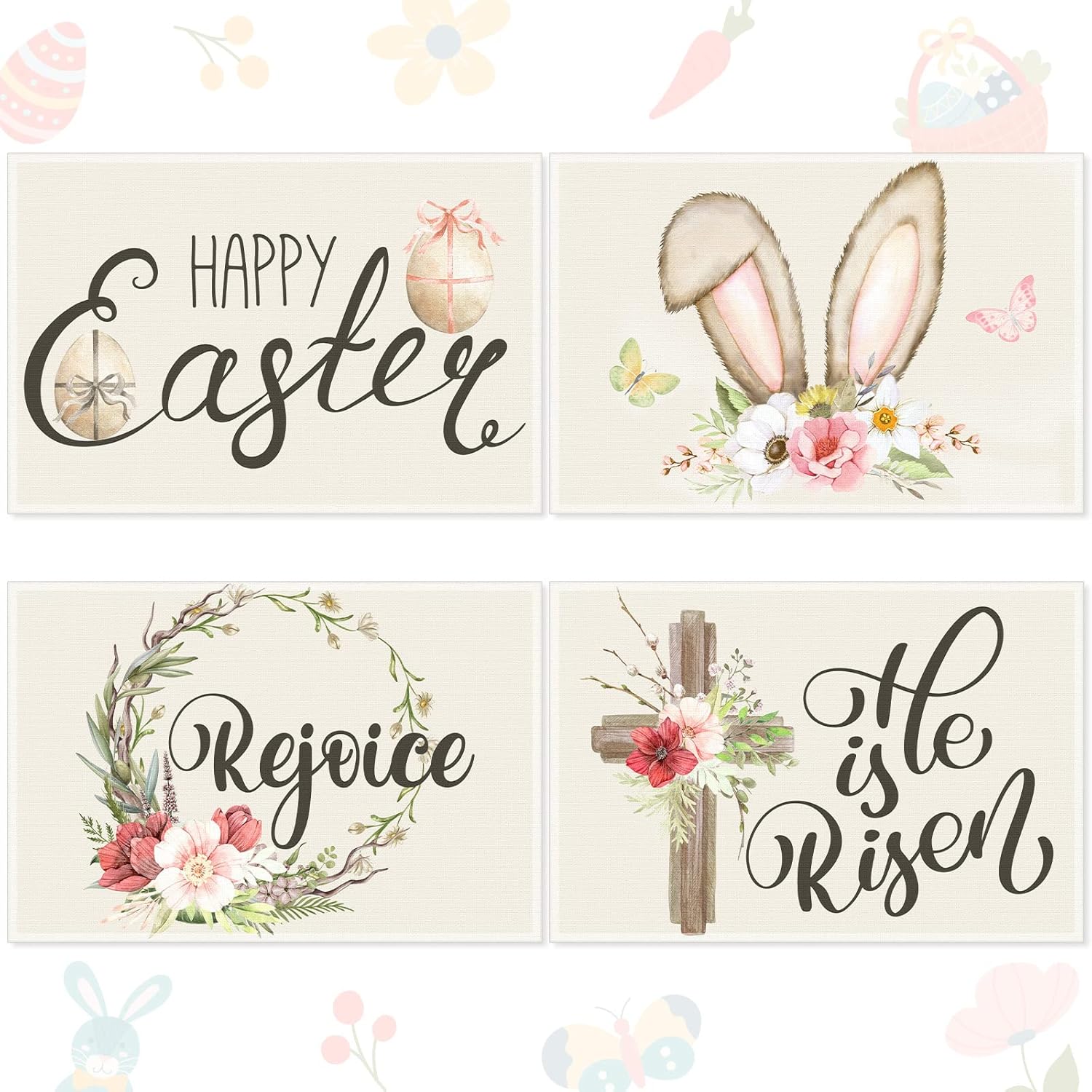 Juego de 4 manteles individuales con diseño de conejo de Pascua, 12 x 18 pulgadas, resistentes al calor, con diseño floral y diseño floral de