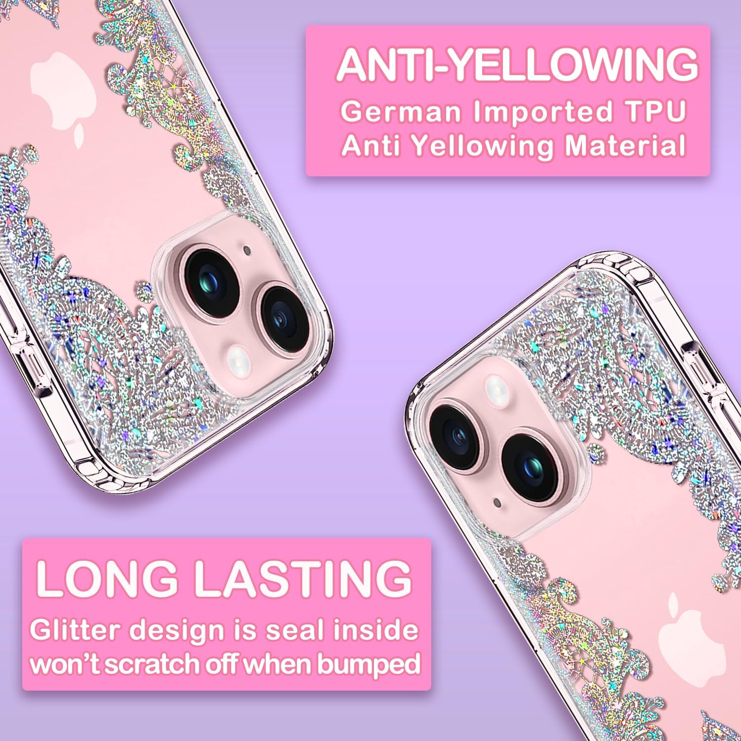 Coolwee Funda transparente antiamarillamiento con purpurina para iPhone 15, 6.1 pulgadas, 6.6 pies, protección de grado militar, protector de