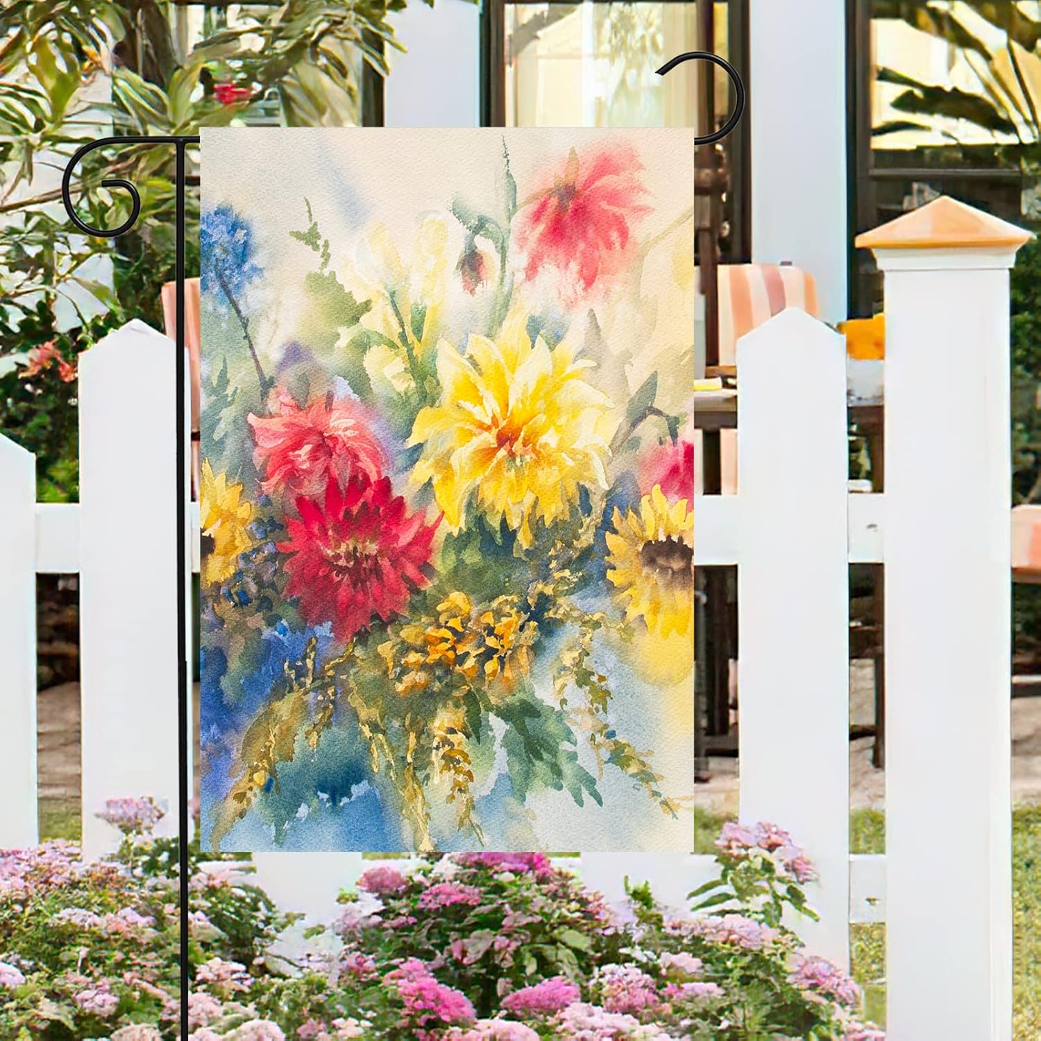 Bandera de acuarela de temporada de verano y primavera, flores coloridas de dalias para jardín, patio, 12 x 18 pulgadas, banderas decorativas de