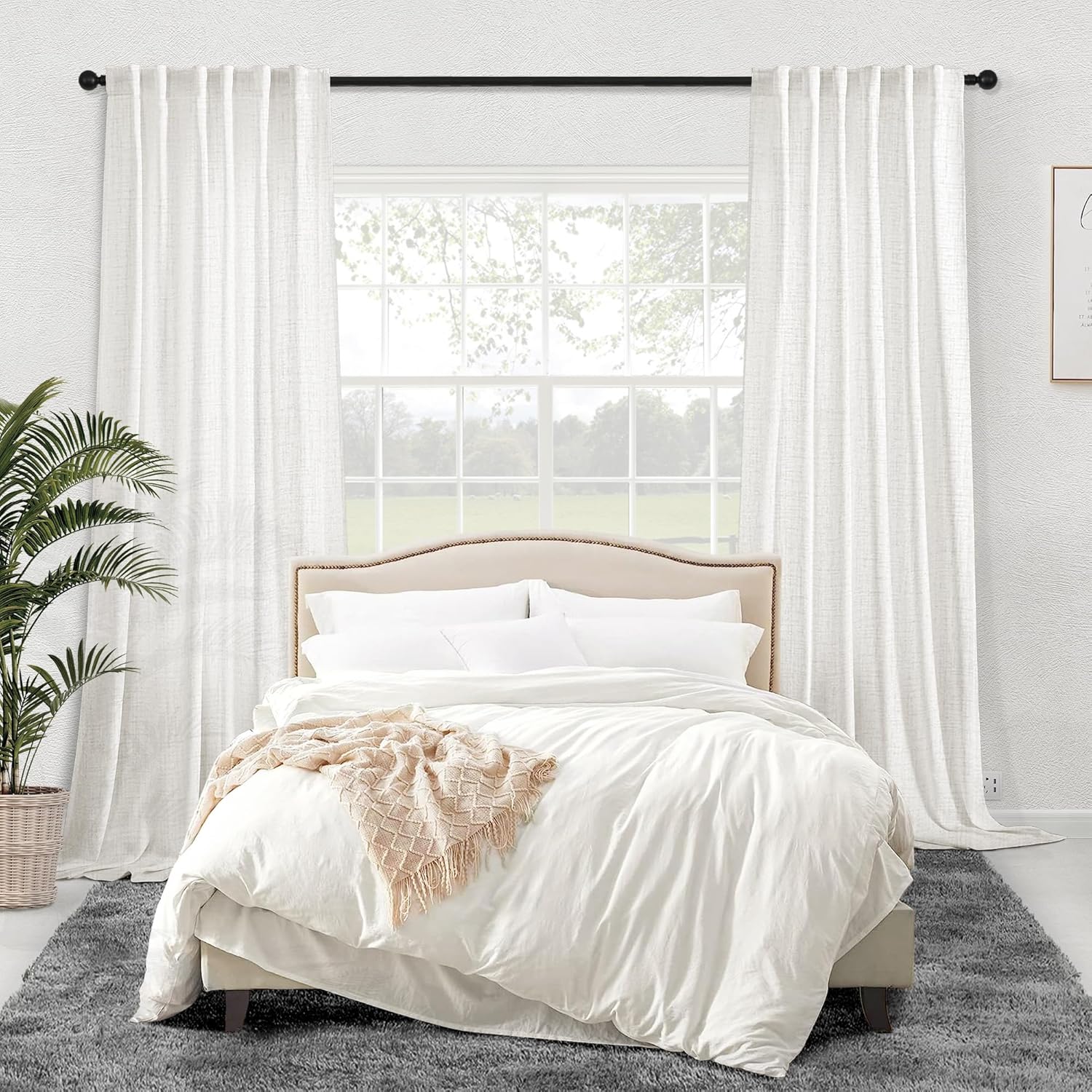 Cortinas de lino marfil de 108 pulgadas de largo para sala de estar, juego de 2 paneles de color blanco crema con pestaña trasera, cortinas de lino