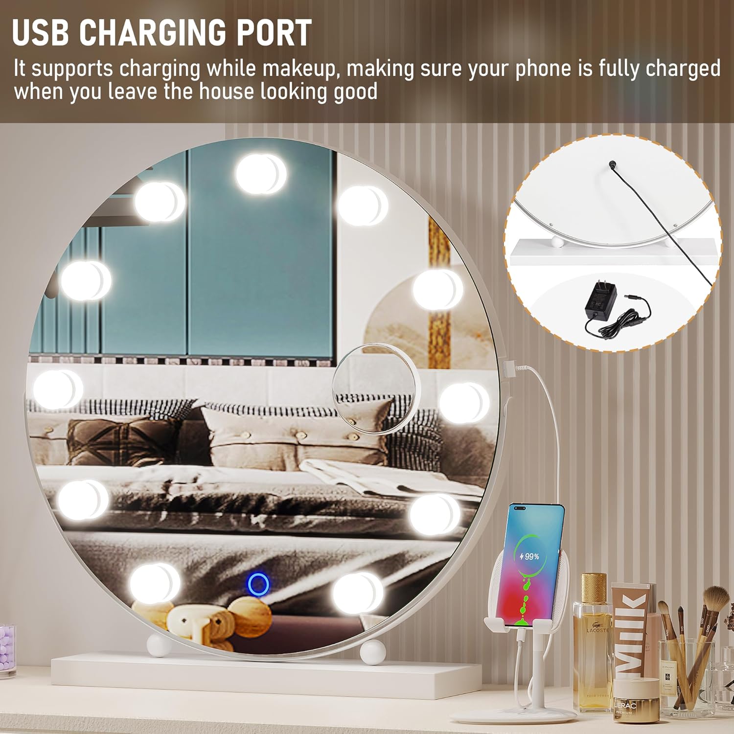 LVSOMT Hollywood Espejo de tocador de maquillaje con luces, espejo LED de 20 pulgadas con aumento de 10X, espejo de escritorio iluminado con 3 modos