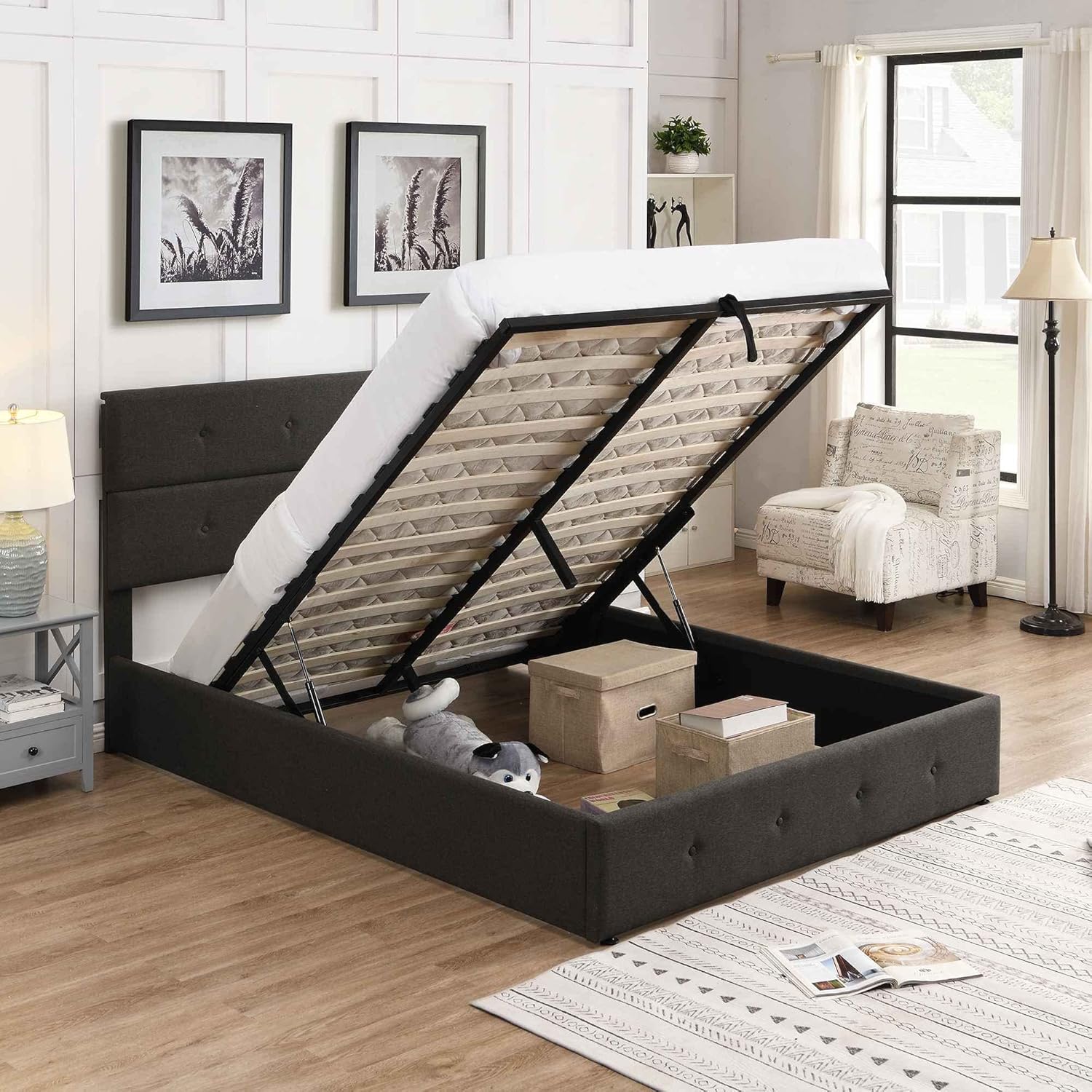 Cama tapizada de plataforma tamaño Queen con almacenamiento en la parte inferior, marco de cama de madera con cabecera copetuda, perfecta para