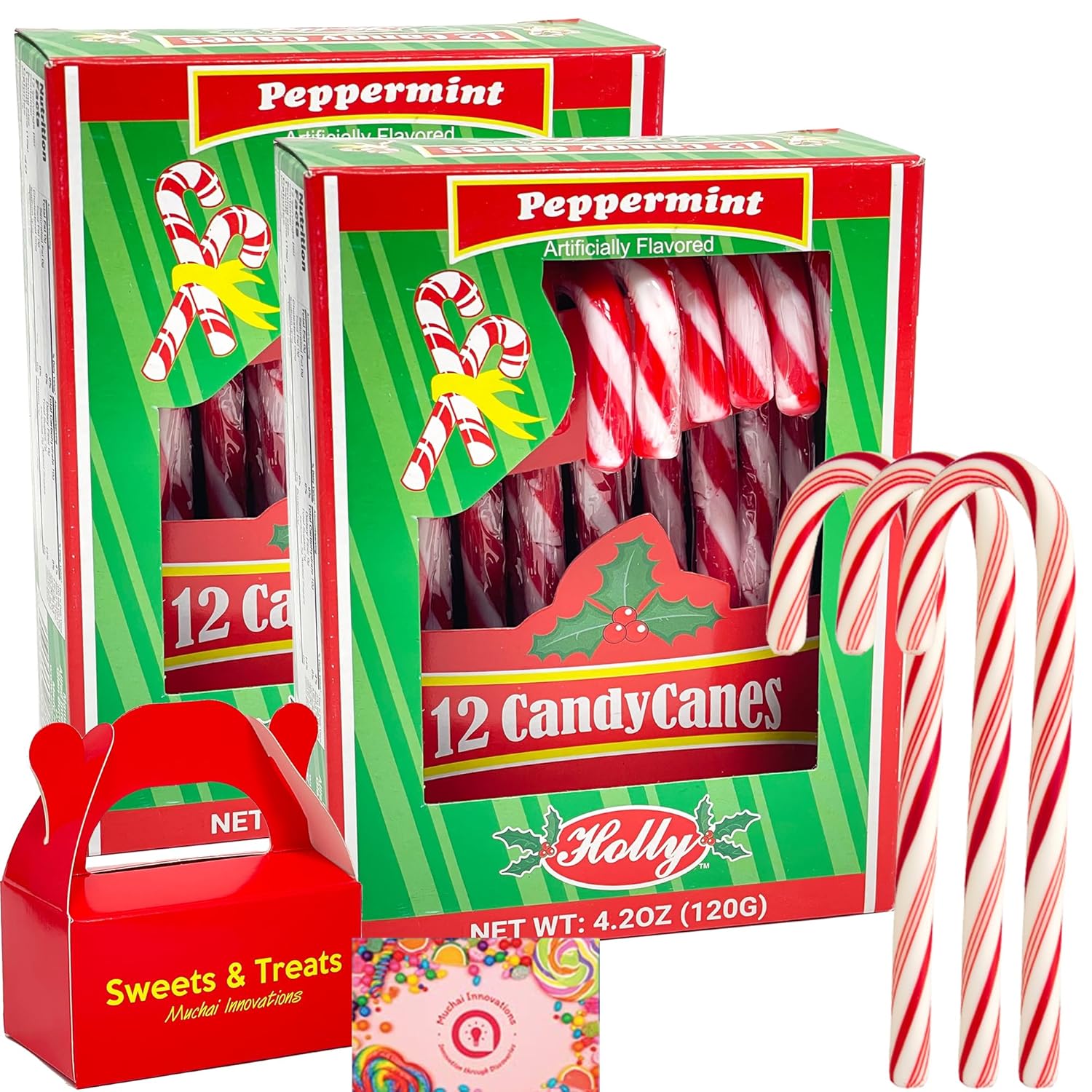 Sabor a menta de bastón de caramelo  Rayas rojas y blancas envueltas individualmente  Regalo navideño y Deco  Caja de golosinas Muchai incluida (2