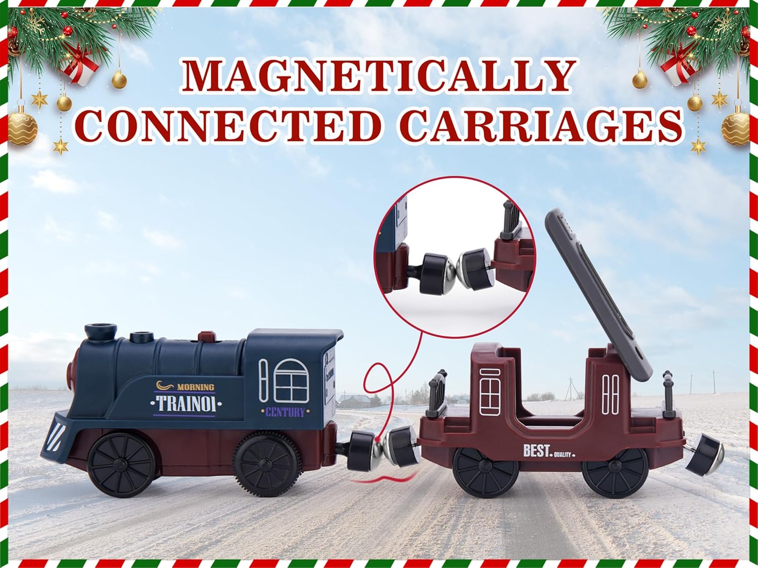 Tren a pilas para pista de tren de madera, tren motorizado con locomotora eléctrica magnética con luz y sonido para niños pequeños y niñas de 3 a 5