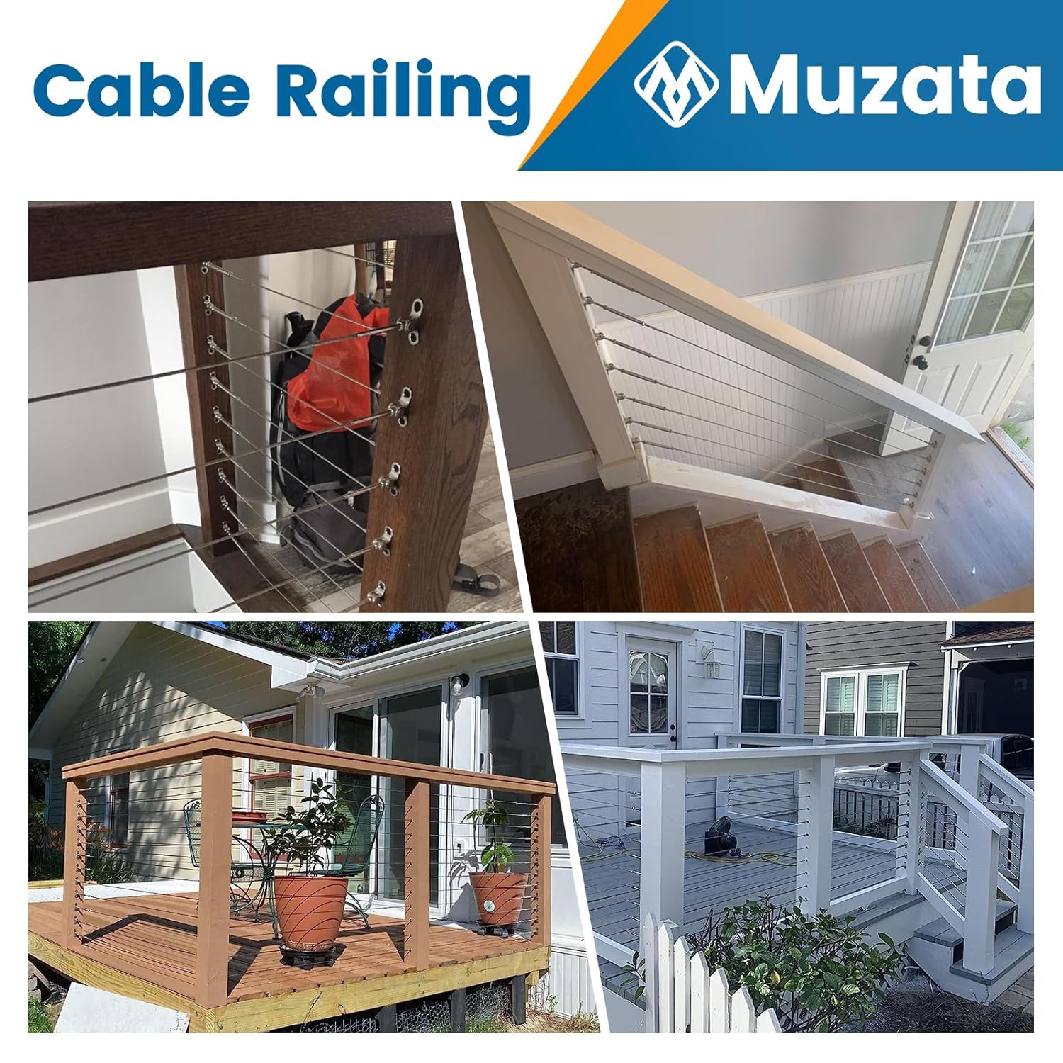 Muzata Kit de barandillas de cable de 32 pares de herrajes de 18 pulgadas, acero inoxidable T316 para poste de madera, ángulo de sistema fácil de
