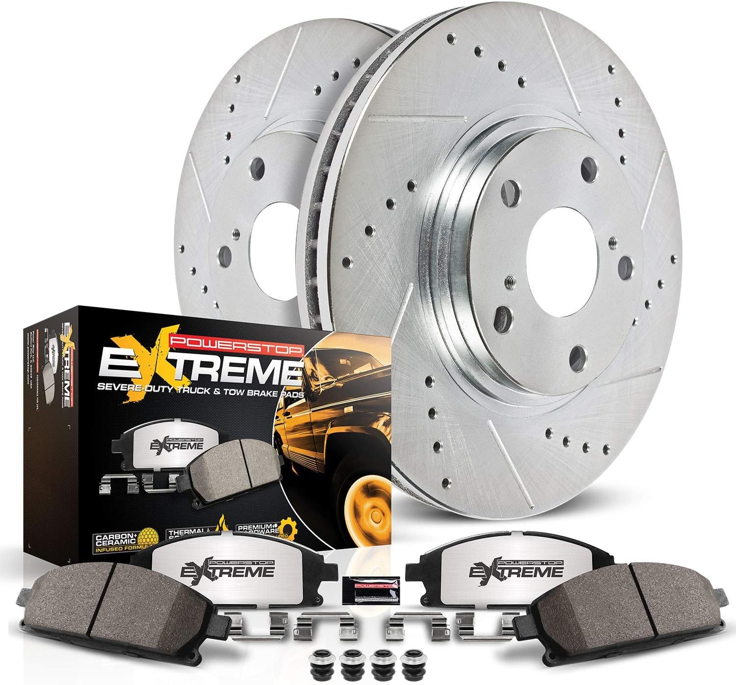 Power Stop K7313-36 Kit de freno trasero Z36 para camión y remolque, pastillas de freno de cerámica de fibra de carbono y rotores de freno