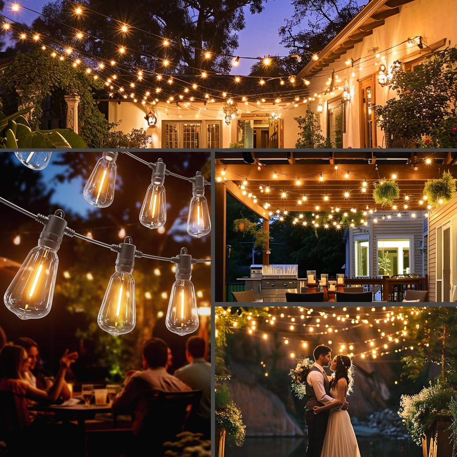 Guirnalda de luces para exteriores de 150 pies con control remoto, tira de luces LED para patio con bombillas ST38 vintage inastillables, IP65