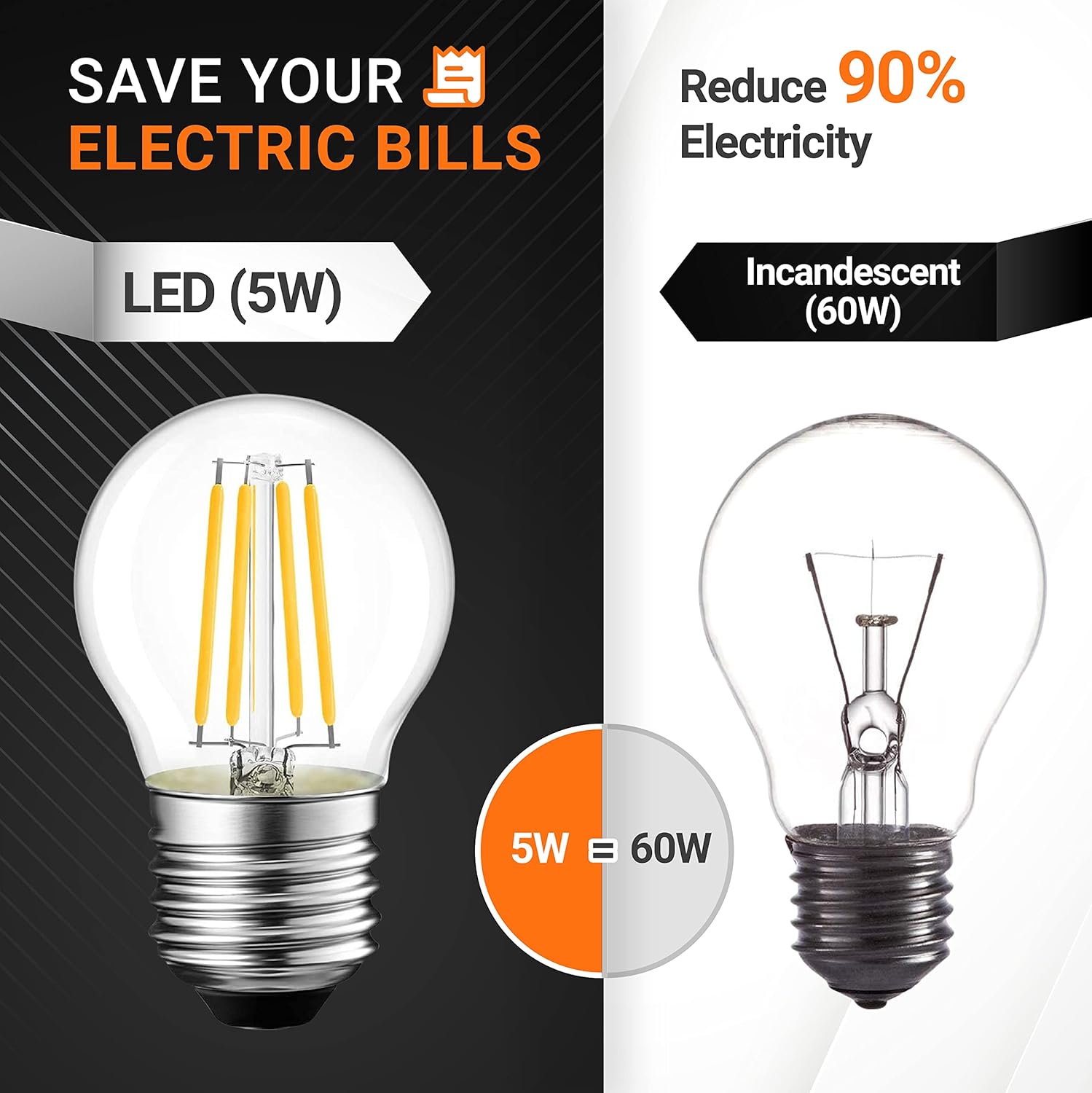 BlueStars Bombilla LED G45 E26 Edison de 120 V 5 W (equivalente a 60 vatios), luz blanca cálida de 2700 K, 550 lm, no regulable, para lámparas