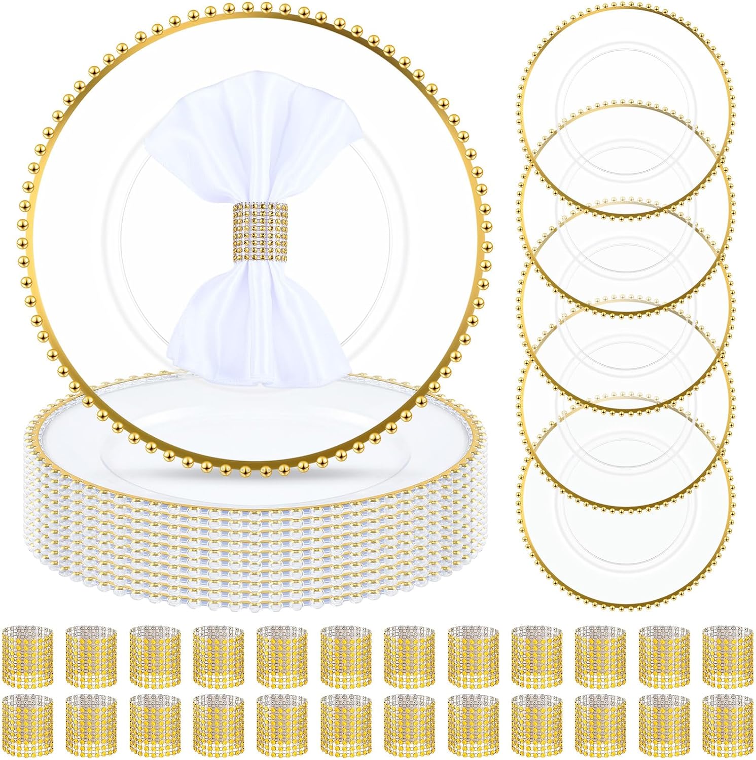 Juego de 50 (100 piezas) de platos de carga y servilleteros dorados transparentes que incluye platos de plástico con cuentas de 13 pulgadas,