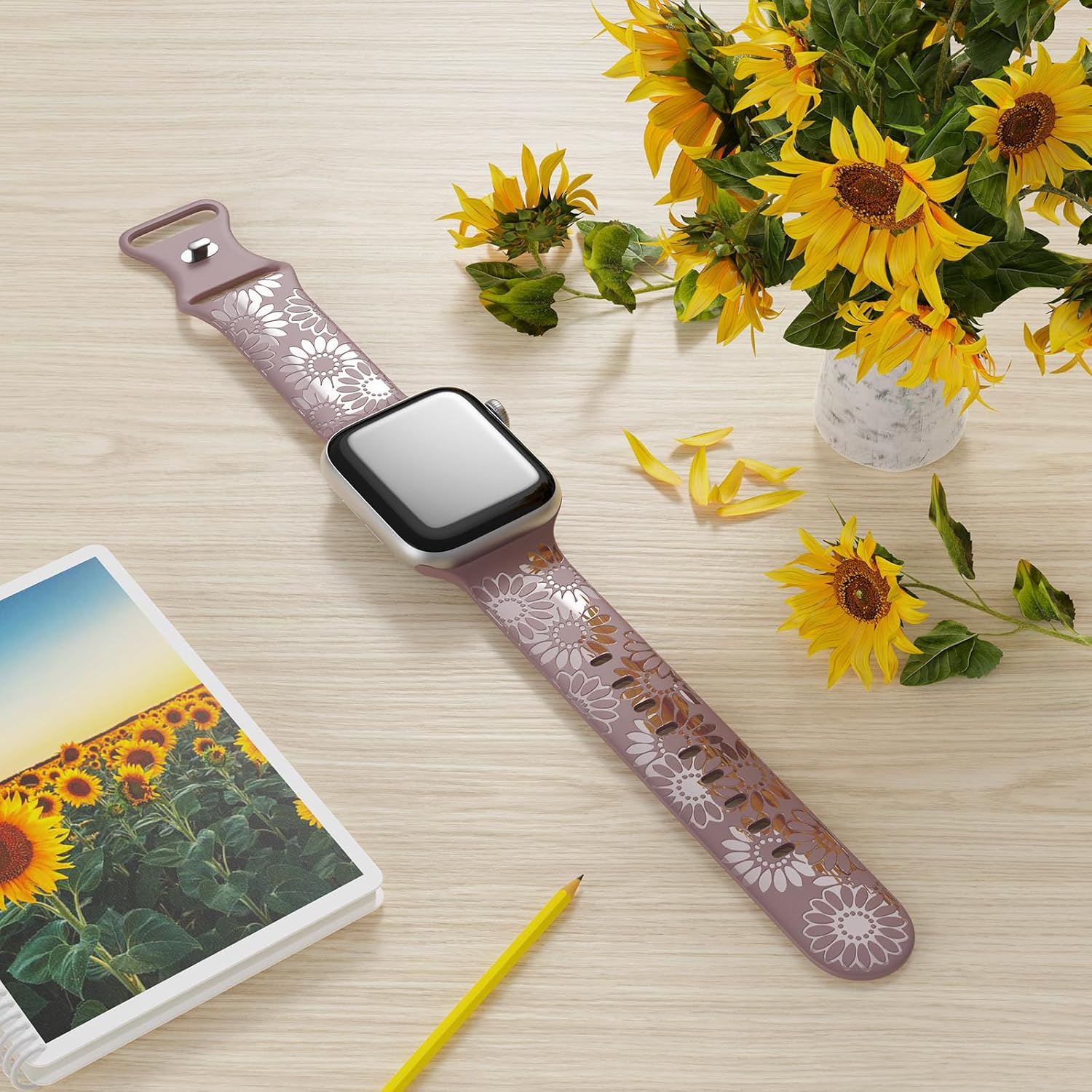 Correa de silicona grabada de girasol compatible con Apple Watch Band de 1.496 in 1.575 in 1.614 in 1.654 in 1.732 in 1.772 in 1.929 in correa de