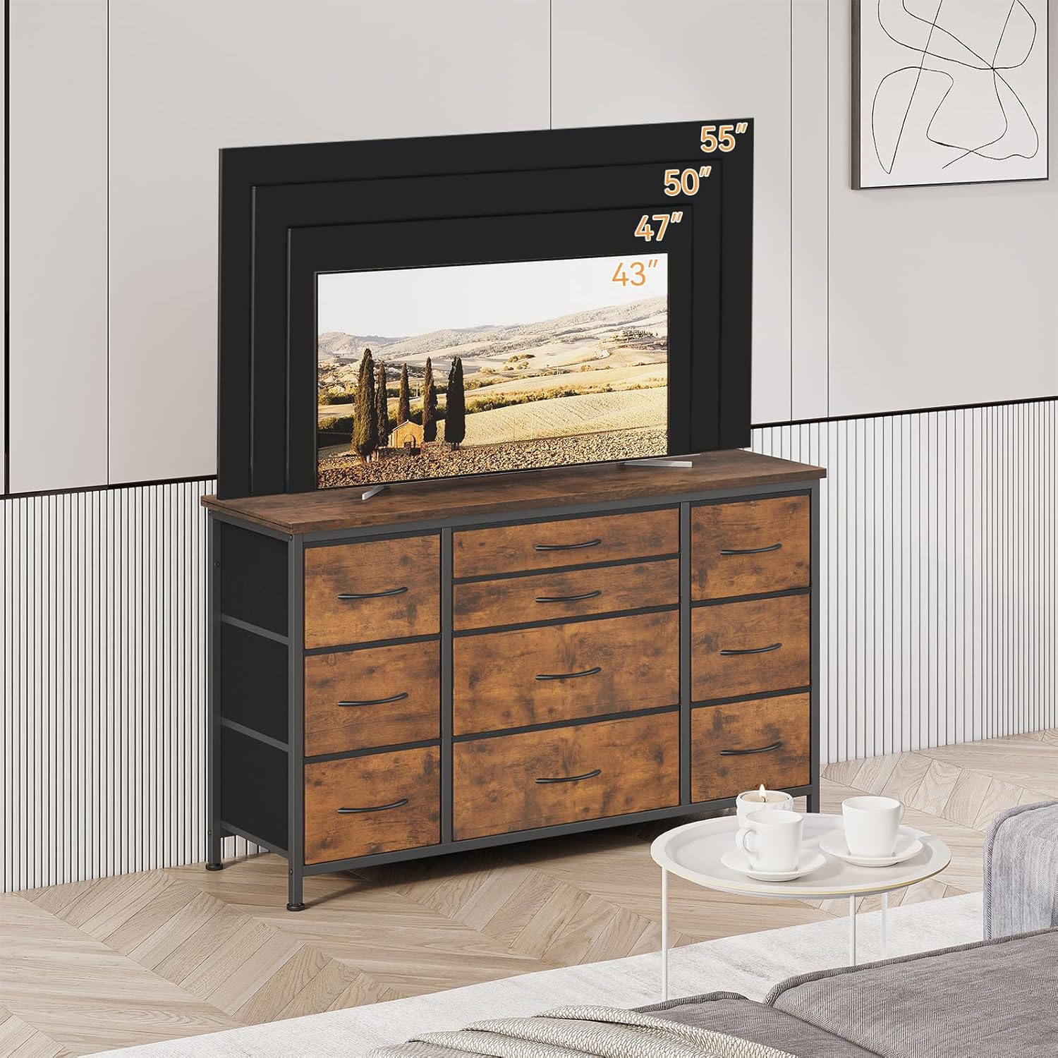 GAOMON Cómoda de dormitorio con 10 cajones grandes para soporte de TV de 55 pulgadas de largo con toma de corriente, centro de entretenimiento, sala